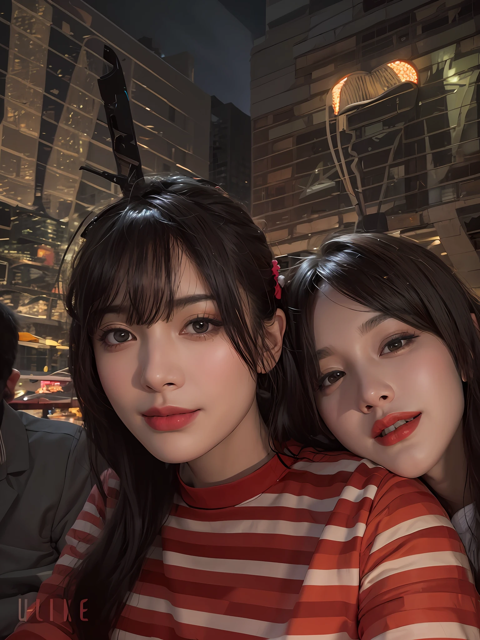 2girl, Tokyo street,night, cityscape,city lights, upper body,close-up, 8k, RAW photo, best quality, masterpiece,realistic, photo-realistic,headgear of red rose, parted bangs, long hair,