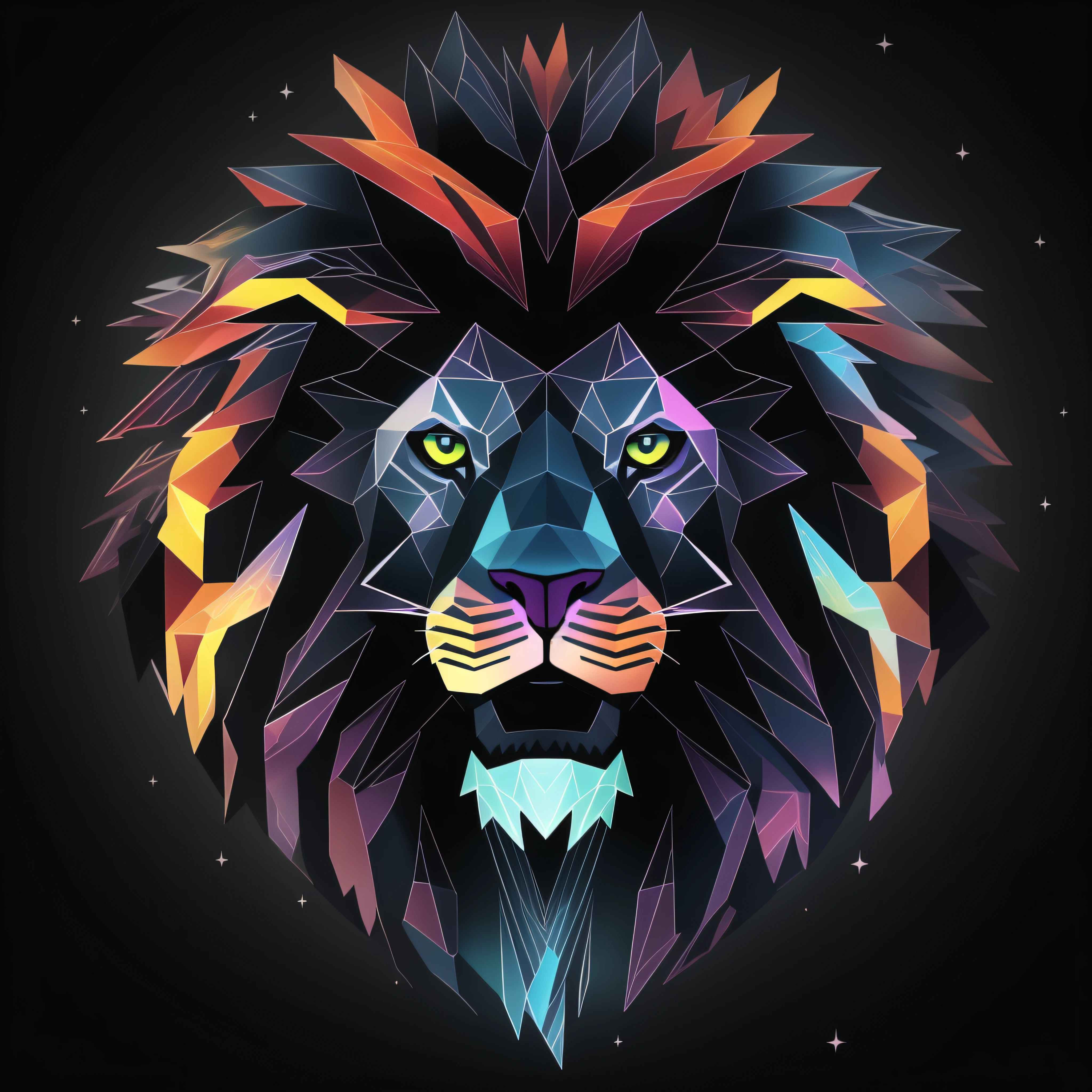 a silhouette design of a cosmic lion, t- shirt art, 3D vector art, cute and quirky, bright bold colorful., black background, watercolor effect, digital painting, low-poly, soft lighting, isometric style, focused on the character, 4K resolution, photorealistic rendering, using Cinema 4D, front side