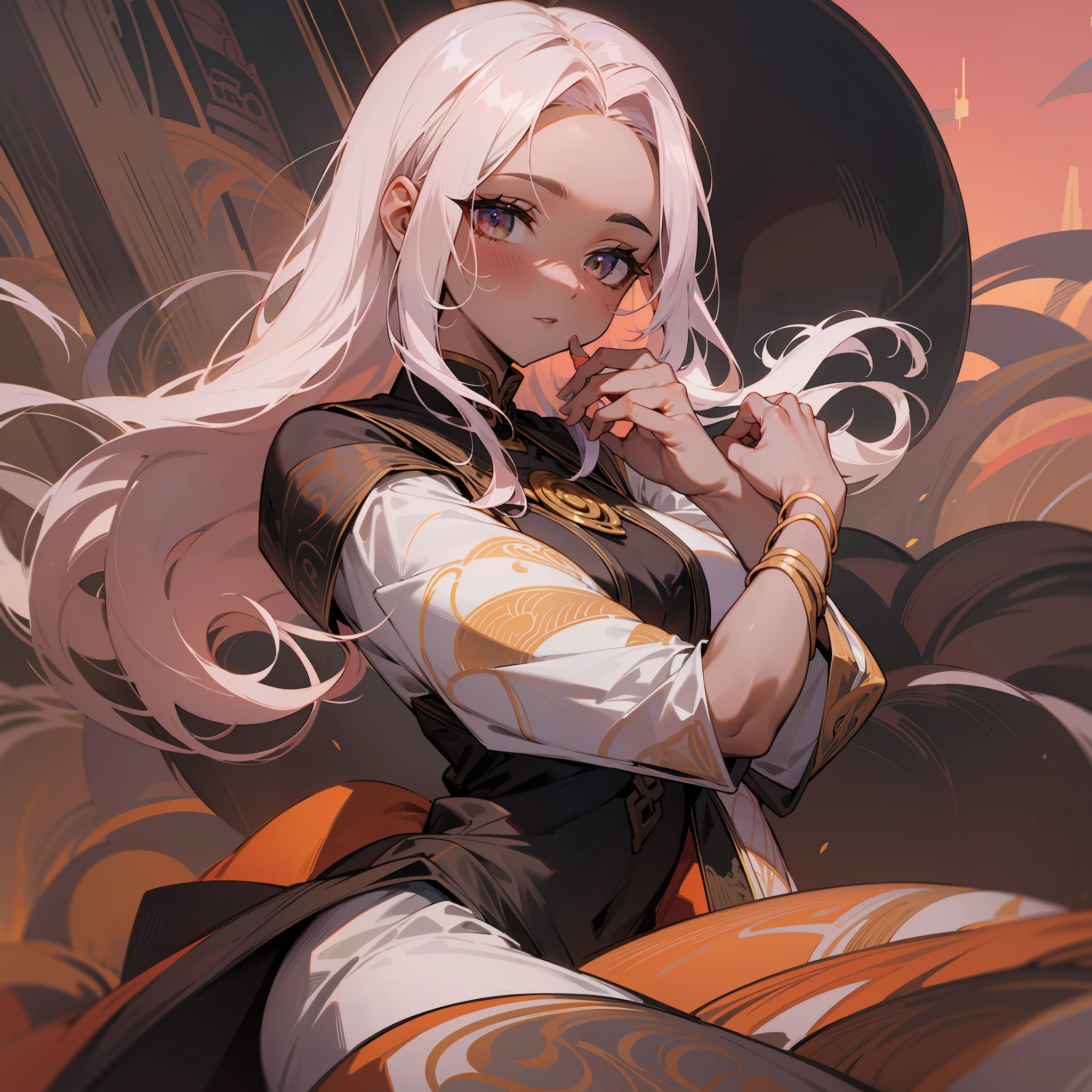 Rogue with black skin coloration, vestido vermelho com detalhes de espinhos, olhos vermelhos com um tom pink, em cima de um castelo, textura pastel na imagem, mulher pequena, red skies, fundo a noite