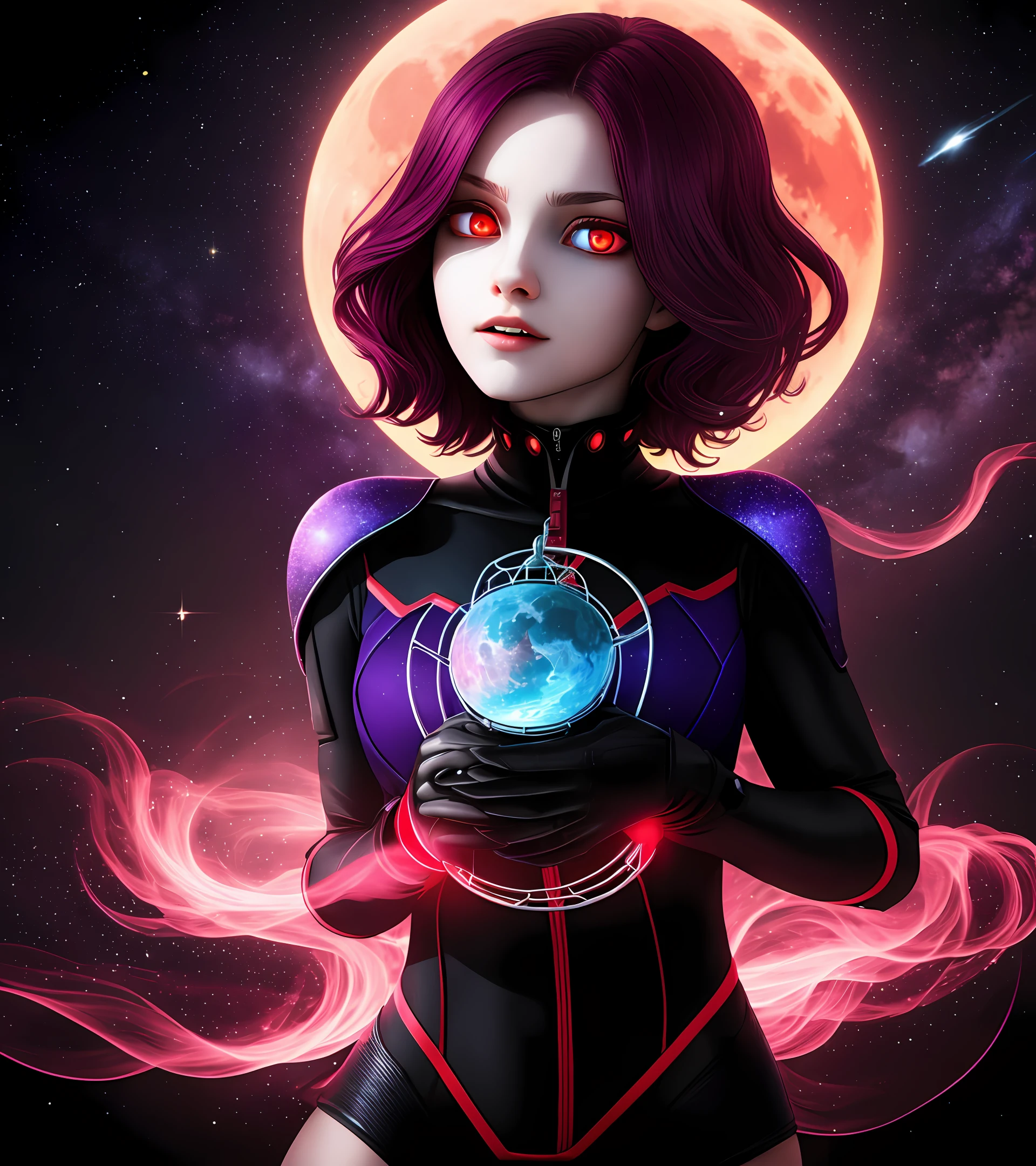 A beautiful girl floating in outer space. She is holding a birdcage. She wears a cyber bodysuit and a purple hoodie. Her wavy, semi-long red-purple hair. Her girl's emotions and intentions are unclear and mysterious. her bright red eyes. A red fog surrounds her girl, and in the fog are human faces with various expressions. A big red moon behind her.