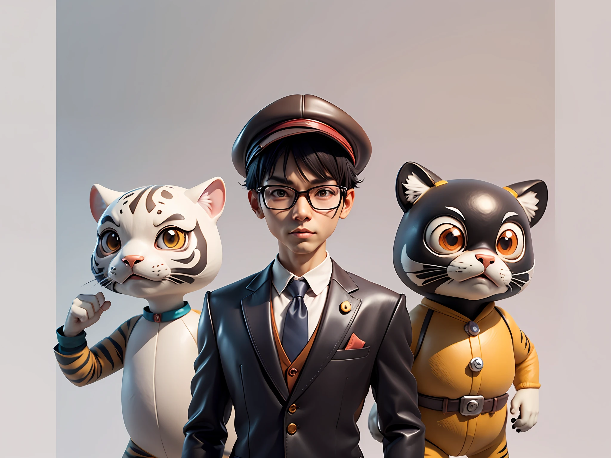 Young man with oriental face in leather hat, tiger, oriental face in formal suit, short black hair, silver glasses, digital painting, 3D character design by Mark Clairedon and Pixar and Hayao Miyazaki and Akira Toriyama, the illustration is a high-definition illustration in 4K resolution with very detailed facial features and cartoon-style visuals.