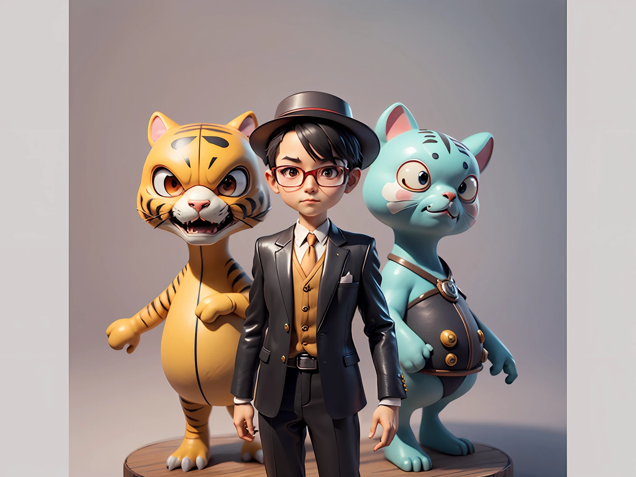 Young man with oriental face in leather hat, tiger, oriental face in formal suit, short black hair, silver glasses, digital painting, 3D character design by Mark Clairedon and Pixar and Hayao Miyazaki and Akira Toriyama, the illustration is a high-definition illustration in 4K resolution with very detailed facial features and cartoon-style visuals.