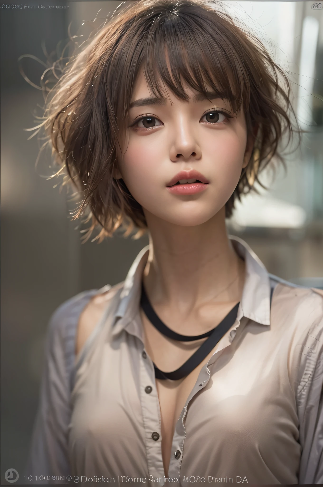 zydG, 1girl, detailed skin, view, brown eyes, (short hair with bangs: 1.2), (middle chest: 1.0), (medium areola: 0.8), (photorealistic: 1.4), (highest quality: 1.0), (ultra high definition: 1.0), 8K, RAW photography, (masterpiece: 0.2), (pureerosface_v1:0.5)