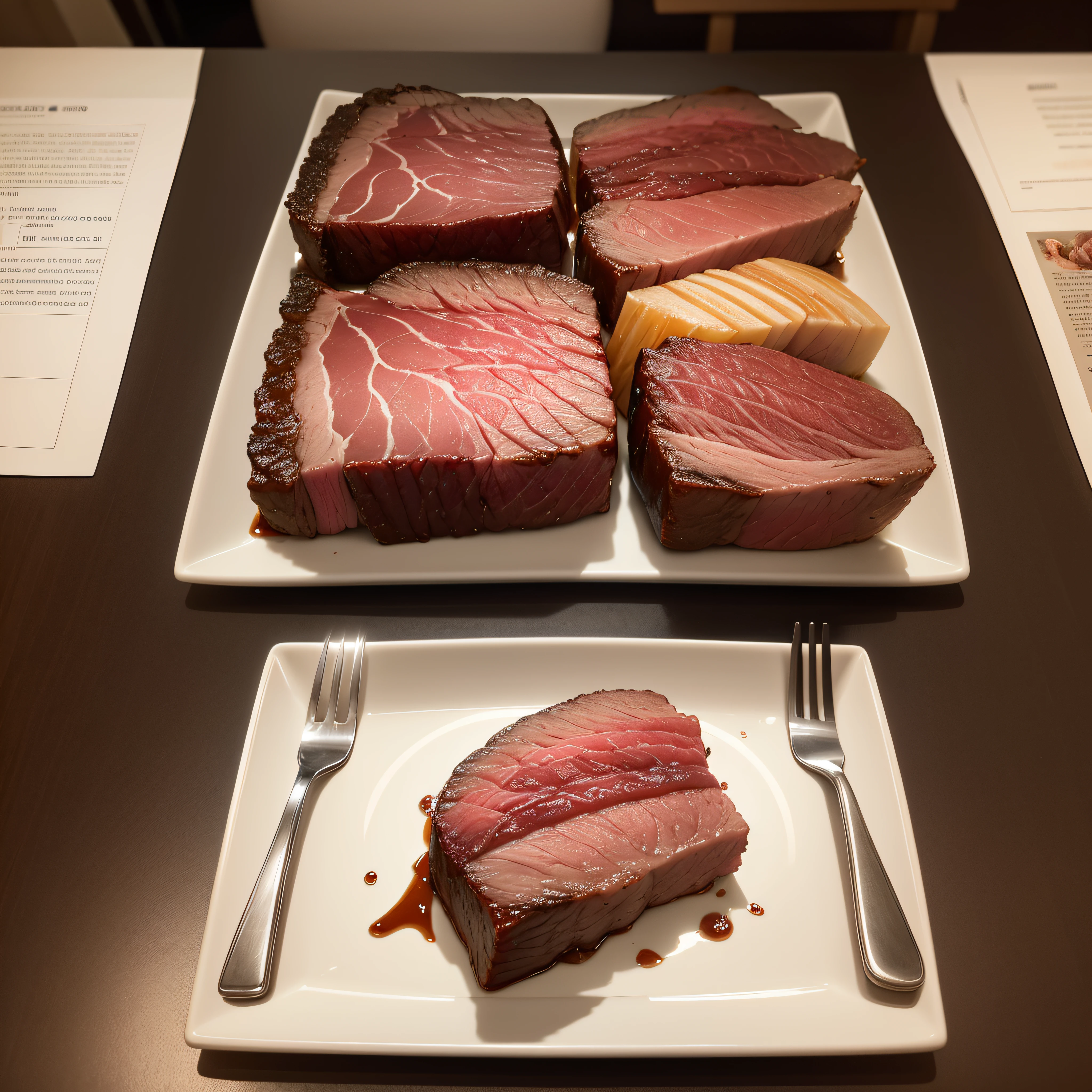 on the desktop,A plate of cut cooked beef,The beef has a clear texture,Looks appetizing ,delicacy,The colors are tempting, --auto