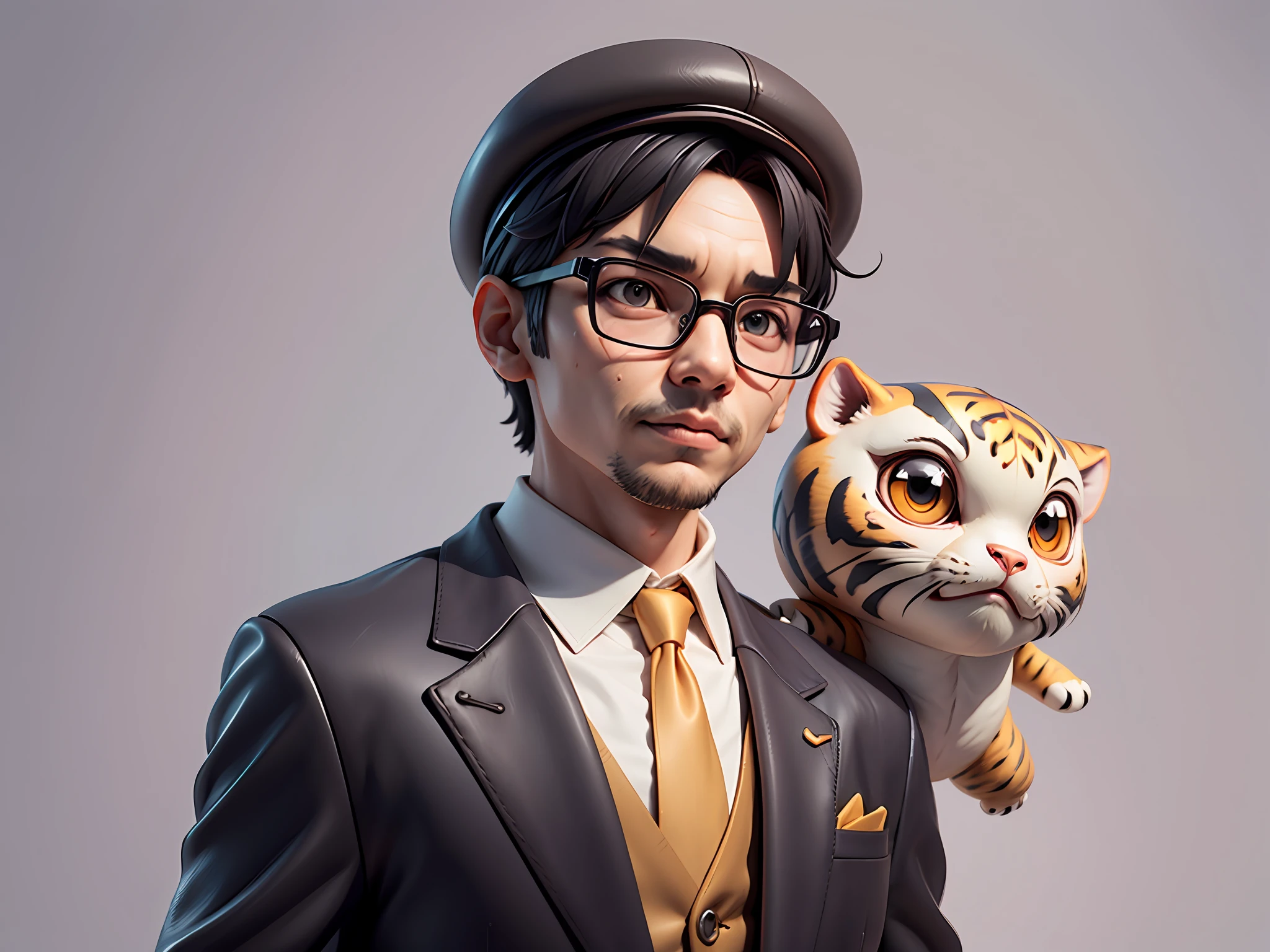 Young man with oriental face in leather hat, tiger, oriental face in formal suit, short black hair, silver glasses, digital painting, 3D character design by Mark Clairedon and Pixar and Hayao Miyazaki and Akira Toriyama, the illustration is a high-definition illustration in 4K resolution with very detailed facial features and cartoon-style visuals.