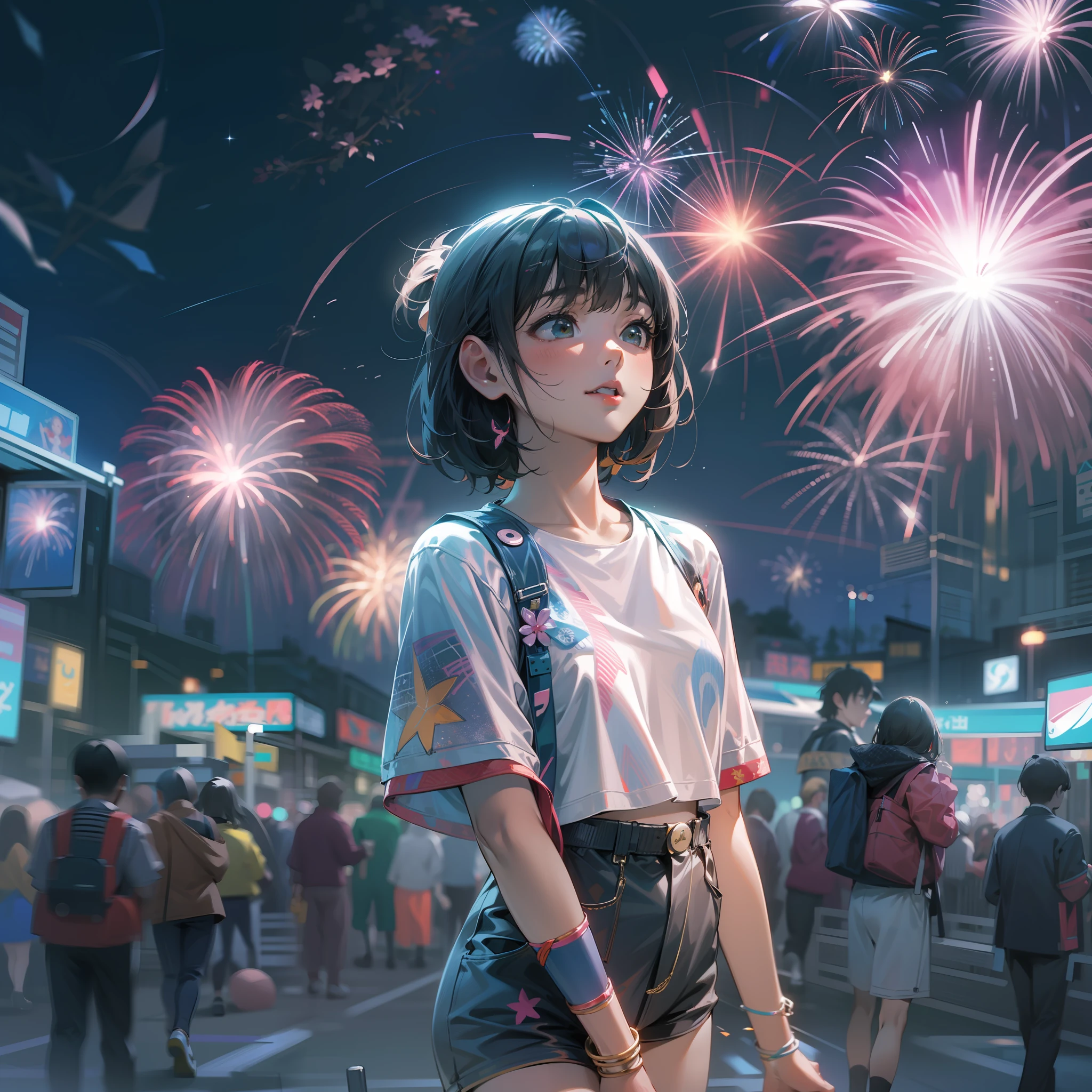 Render in 8K ultra-high resolution、Summer night view of Japan in the near future。Young man in the center of the screen、Active women are vividly depicted。Her hairstyle is a short cut with black hair that reflects the trend、some pink、Green grass、It has a yellow hologram color、Change color to match her expression。

Her outfits are contemporary yet futuristic。argent, Reflective Tech Crop Top is her young々Shisu.々Energy orientation、Underneath it is、There are cyberpunk-style transparent high-waisted shorts that highlight her movements.。White LED sneaker feet that make you feel the future、The lights change depending on her movements。

What she holds in her hands is、AI-controlled hologram drone。React to her facial expressions and movements.、Fly around happily。

Spread behind her is、Night sky with countless fireworks。each々Fireworks are precisely computer controlled、Each gives off a different color and shape。Huge fireworks in the sky、Small fireworks intersect intricately to form a web of light。Some of them have different flower shapes.、Some people draw geometric patterns.。All these fireworks exploded at the same time.、The night sky is a magnificent scenery like a moving painting。

Underneath it is、Lined with stalls made with holographic technology、It's buzzing。At each street stall、Try the latest VR games、Enjoy the gastronomy of the future offered by AI。Festival liveliness and music、Eta、The sound of digital wind chimes swaying in the wind、Near future、Make summer evenings even more exciting。