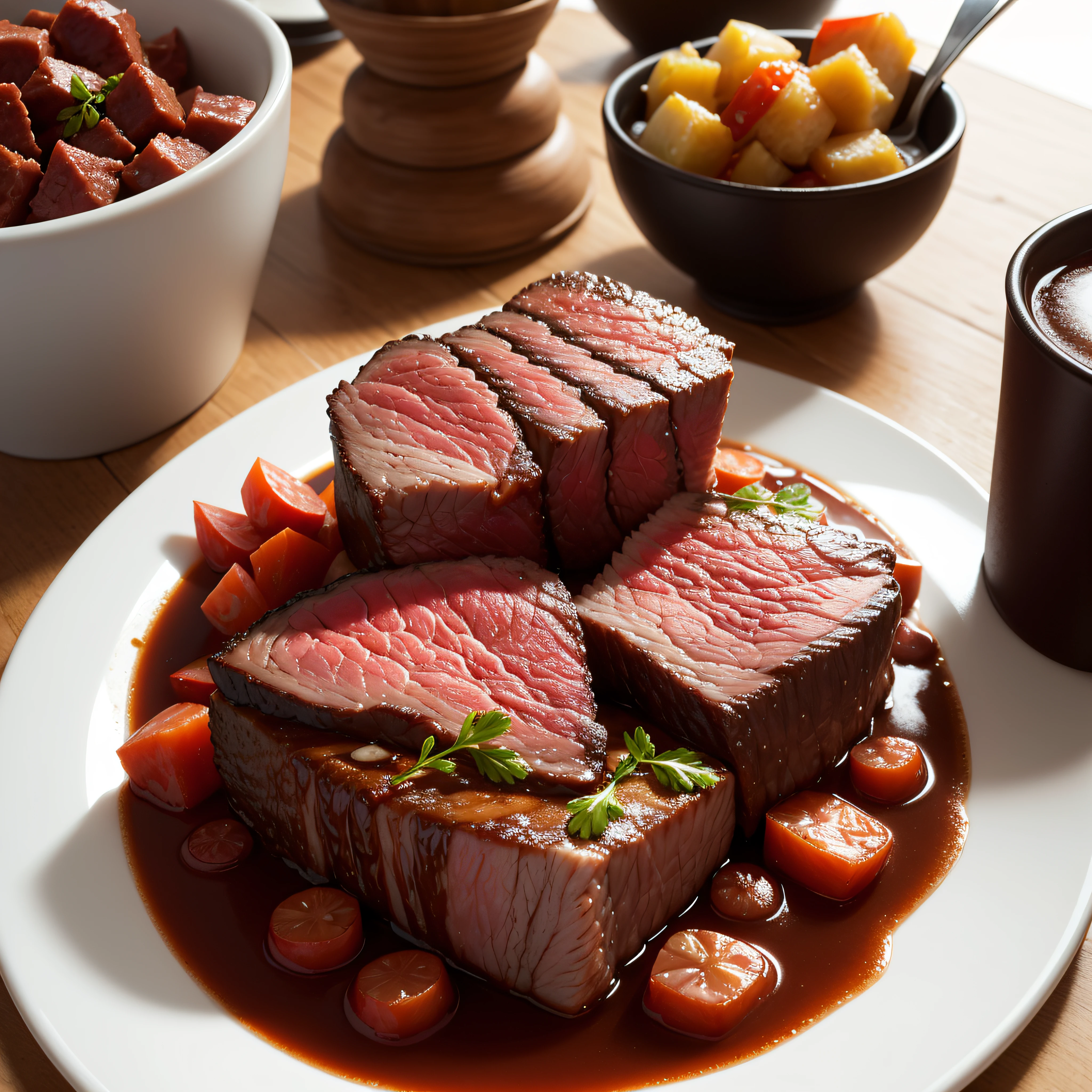 on the desktop,A plate of cut cooked beef,The beef has a clear texture,Looks appetizing ,delicacy,The colors are tempting, --auto