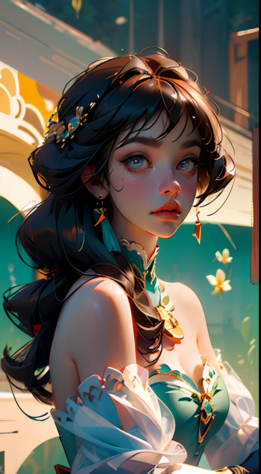 (photorealistic:1.4), (masterpiece, sidelighting, finely detailed beautiful eyes: 1.2), masterpiece*portrait, realistic, 3d face, ganyu \(genshin impact\), 1girl, ahoge, architecture, bangs, bare shoulders, bell, black gloves, black pantyhose, (blue hair), blush, breasts, chinese knot, detached sleeves, flower knot, gloves, horns, long hair, looking at viewer, medium breasts, neck bell