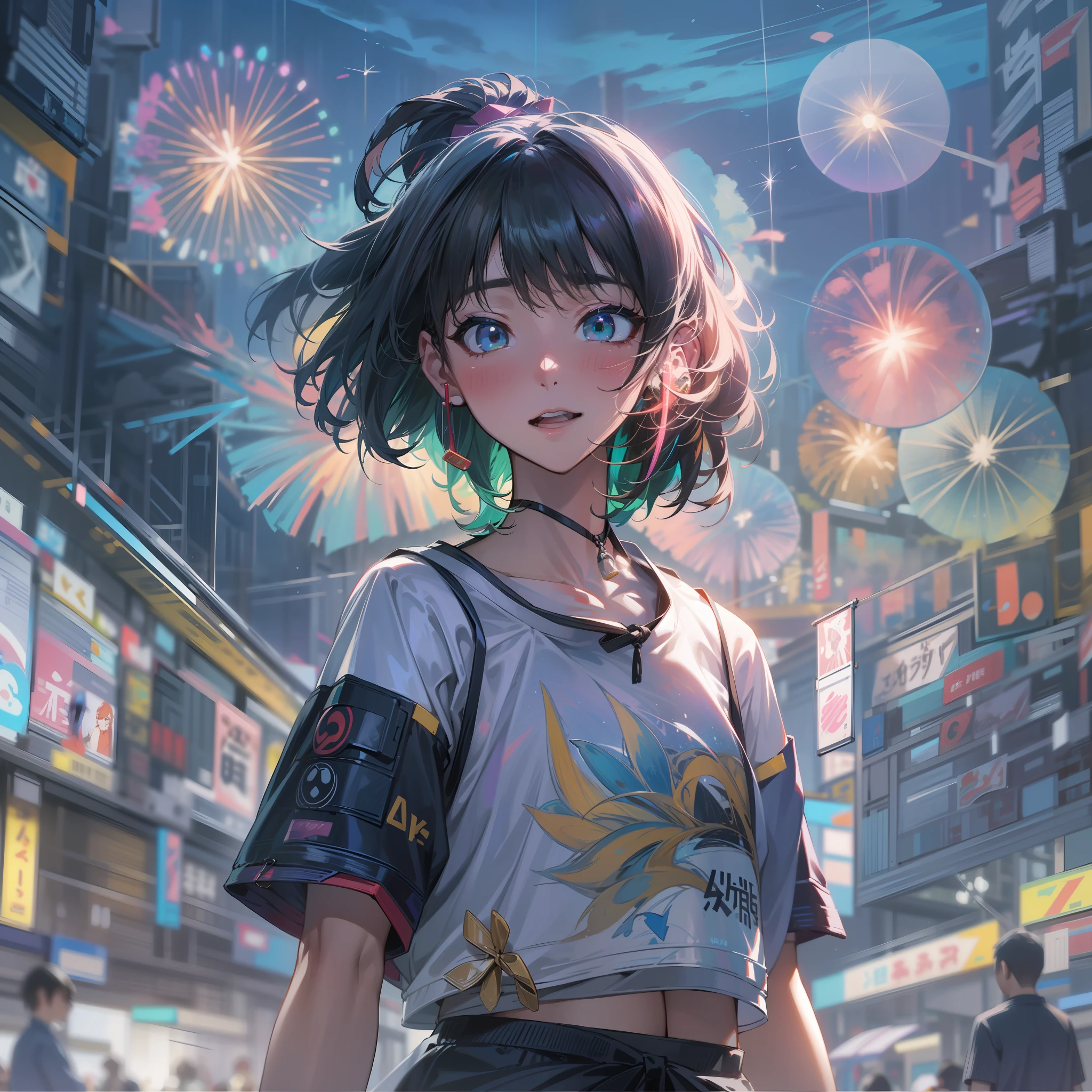 Render in 8K ultra-high resolution、Summer night view of Japan in the near future。Young man in the center of the screen、Active women are vividly depicted。Her hairstyle is a short cut with black hair that reflects the trend、some pink、Green grass、It has a yellow hologram color、Change color to match her expression。
Her outfits are contemporary yet futuristic。argent, Reflective Tech Crop Top is her young々Shisu.々Energy orientation、Underneath it is、There are cyberpunk-style transparent high-waisted shorts that highlight her movements.。White LED sneaker feet that make you feel the future、The lights change depending on her movements。
What she holds in her hands is、AI-controlled hologram drone。React to her facial expressions and movements.、Fly around happily。
Spread behind her is、Night sky with countless fireworks。each々Fireworks are precisely computer controlled、Each gives off a different color and shape。Huge fireworks in the sky、Small fireworks intersect intricately to form a web of light。Some of them have different flower shapes.、Some people draw geometric patterns.。All these fireworks exploded at the same time.、The night sky is a magnificent scenery like a moving painting。
Underneath it is、Lined with stalls made with holographic technology、It's buzzing。At each street stall、Try the latest VR games、Enjoy the gastronomy of the future offered by AI。Festival liveliness and music、Eta、The sound of digital wind chimes swaying in the wind、Near future、Make summer evenings even more exciting。
