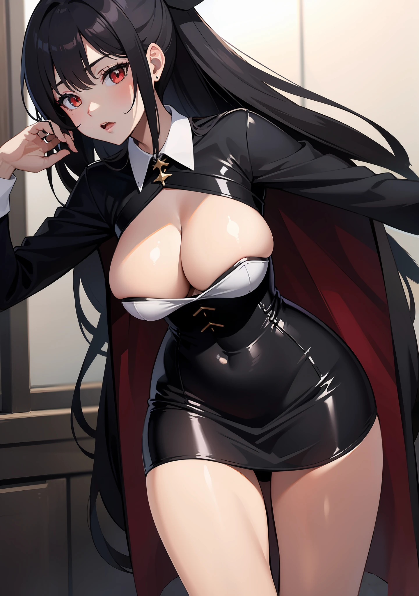 whaite hair,red eyes,Bigchest,Tights,Raised sexy,blacksilk,Skirt that wraps hips,cleavage,tmasterpiece,Beautuful Women,blacksilk,strappy