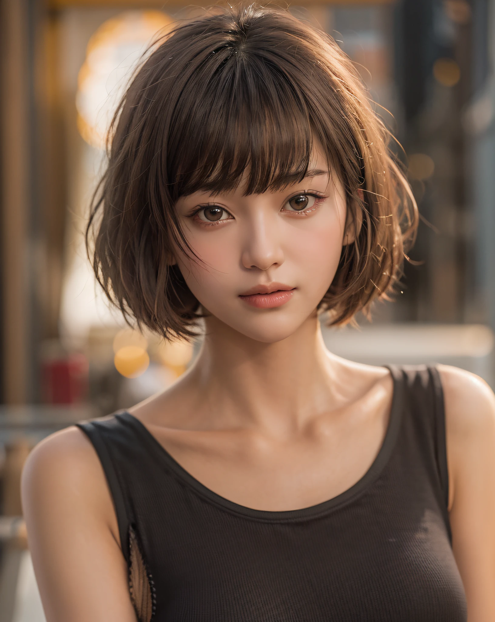 zydG, 1girl, detailed skin, looking at viewer, brown eyes, (short hair with bangs:1.2), (medium breasts:1.0), (medium areolae:0.8), 
(photorealistic:1.4), (best quality:1.0), (ultra highres:1.0), 8k, RAW photo, (masterpiece:0.2), (pureerosface_v1:0.5)