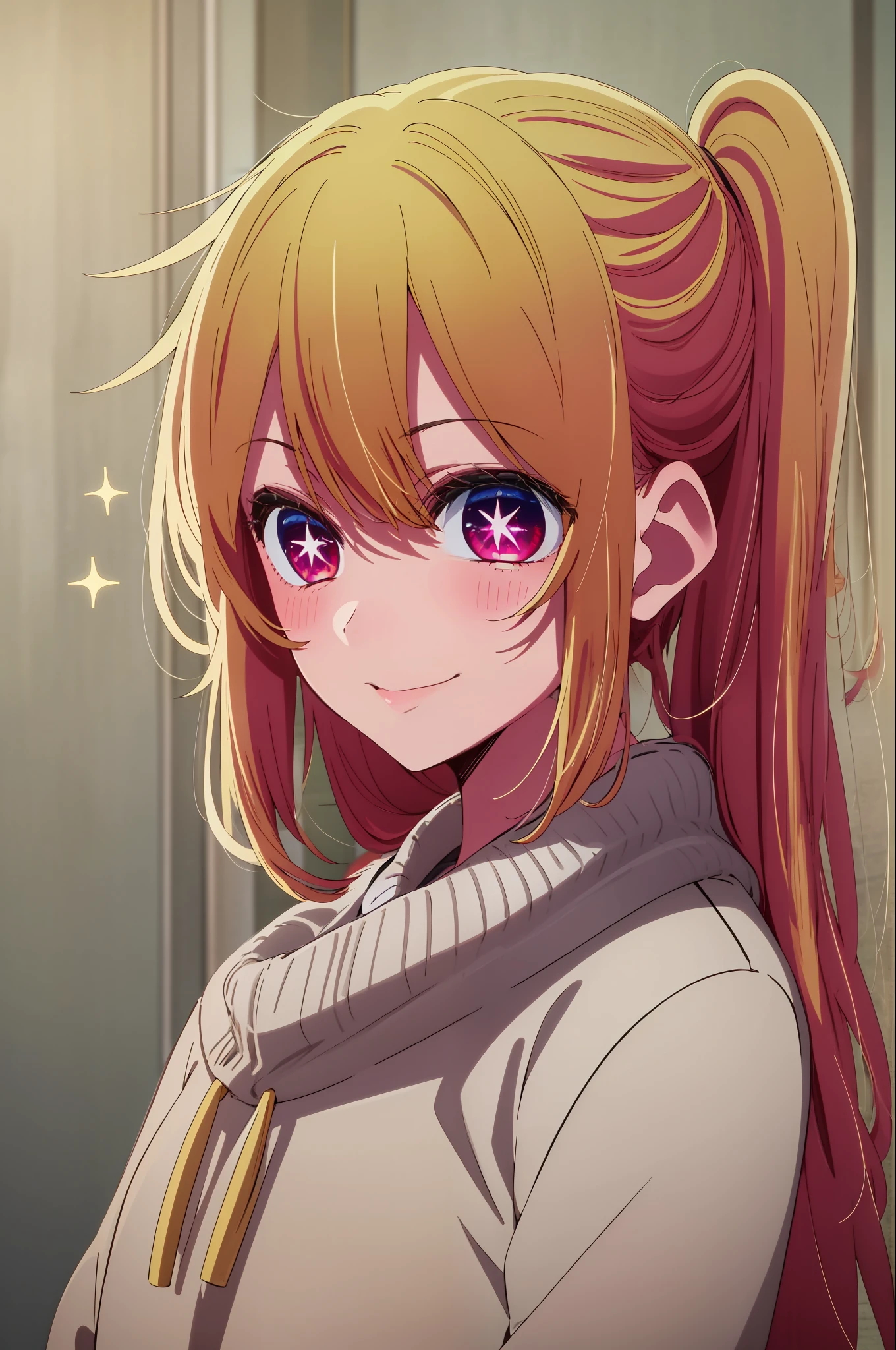 1girl in, 独奏, Hoshino Ruby, symbol-shaped pupils, Left star-shaped pupil, sparkly eyes, (Left star), red eyes, blonde  hair, side poneyTail, A smile, Hi-Res, top-quality, ​masterpiece、Pink