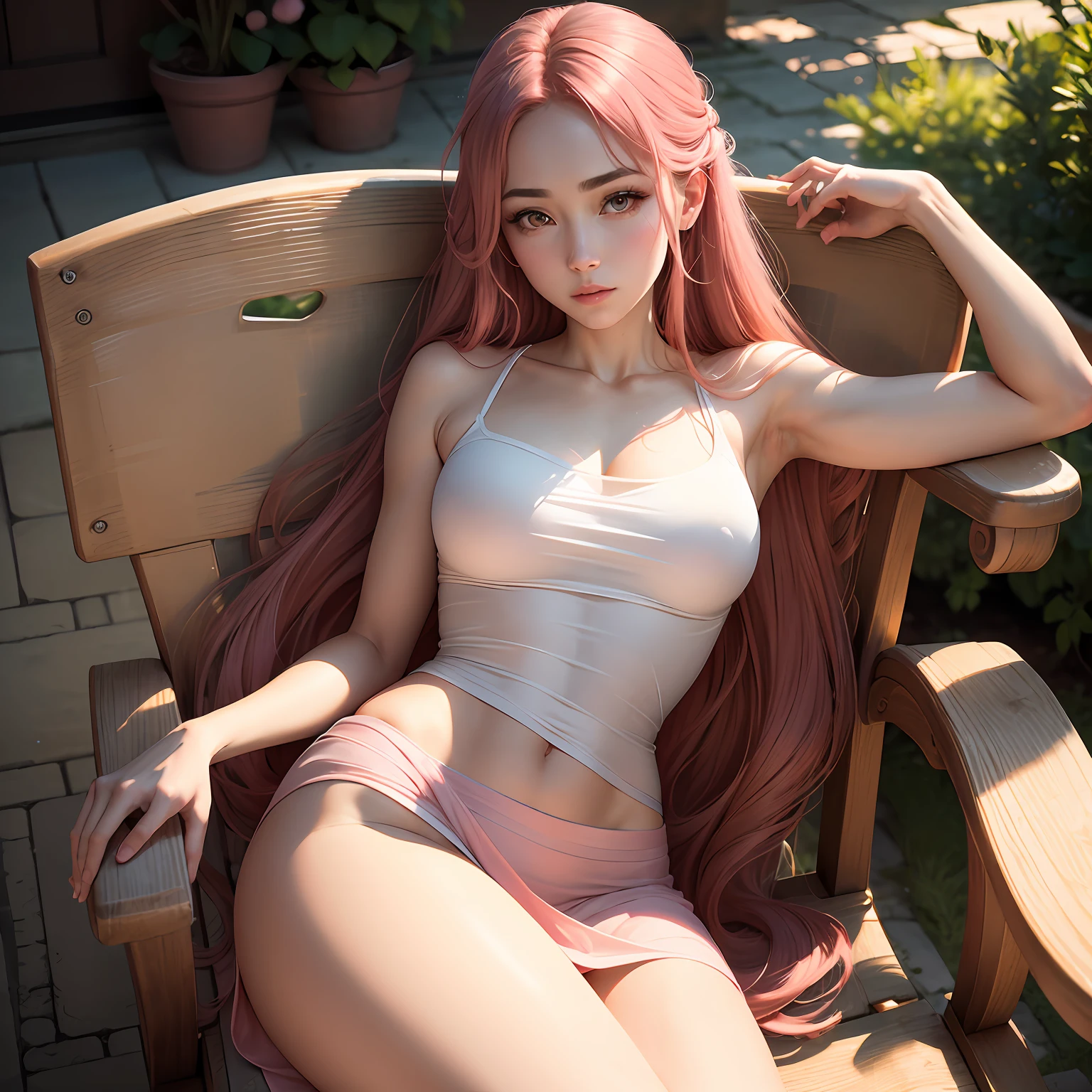 with a well-proportioned body,Long hair and waist,Fair and flawless skin with a hint of reddish pink,The arms are slender and beautiful,The legs are slender and beautiful,Chest C cup,Wear a white loose-fitting T-shirt,Extremely sexy,The private area between the thighs looms,Laze on a rocking chair basking in the afternoon sun,A pair of clear and bright peach blossom eyes,Crooked willow eyebrows,Long eyelashes fluttered slightly,The thin lips are delicate like rose petals,Slightly red on the face,Cover your face with one hand,It's like a fairy under the ordinary,spotless,Absolutely beautiful,4K --auto