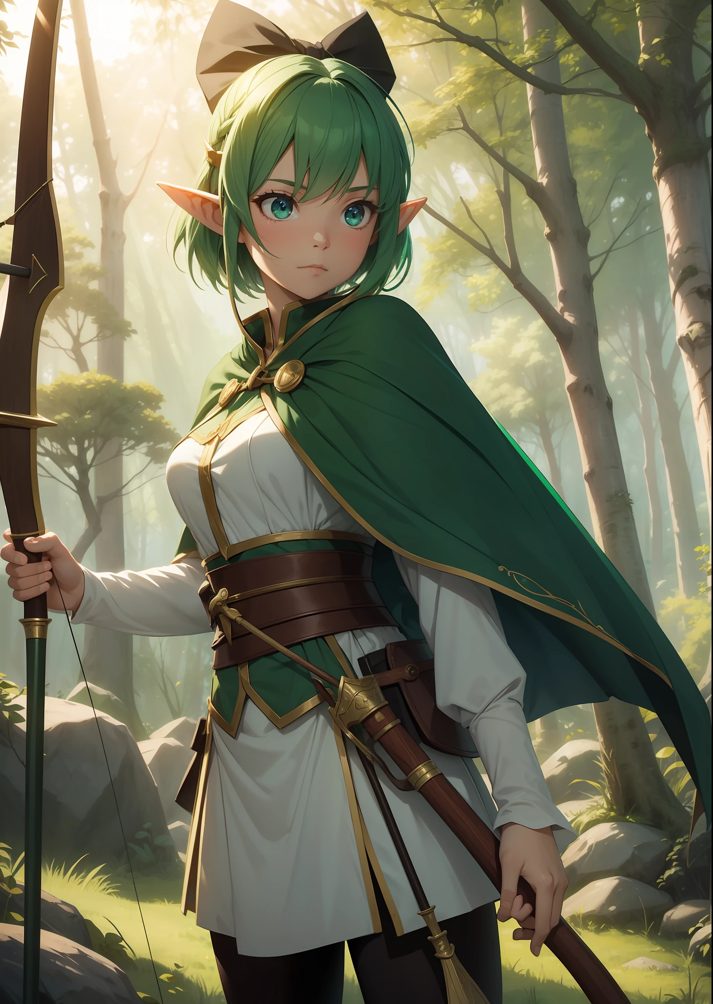 A young girl,femele,the elf,archer,holding a bow and arrow,short detailed hair,Green hair,face expressionless,delicated face,Elf ears,Zhang bow archery,off-world,Sword and magic,Western magic,In the daytime,rays of sunshine,high qulity,exteriors,ln the forest,frontage