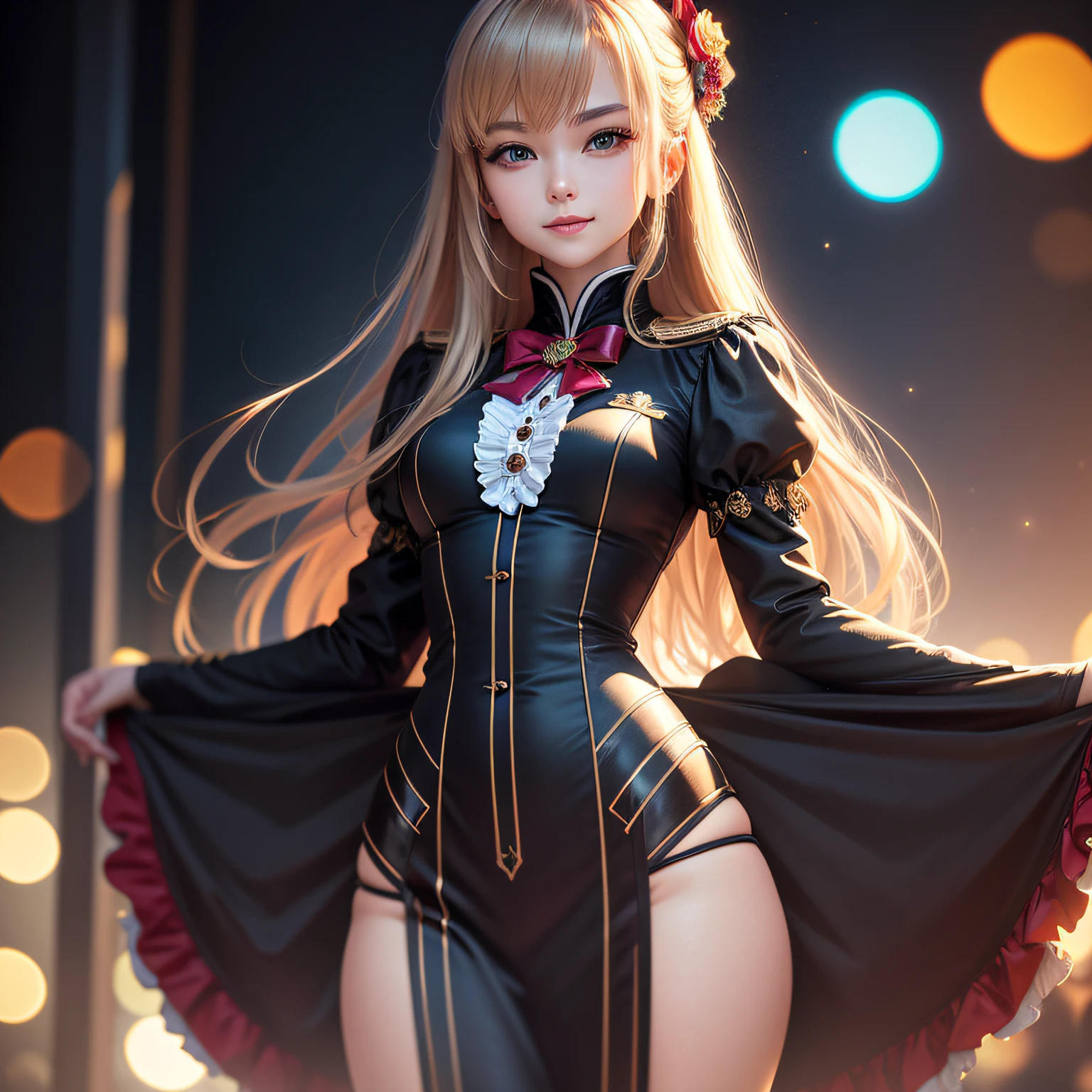 tmasterpiece，Ultimate quality，A long-won photo contest，Background bokeh，The depth of field is full，HDR high dynamics，True restore，Long legs，Cecilia，Uniform temptation，Enchanted smile，Seductive action --auto