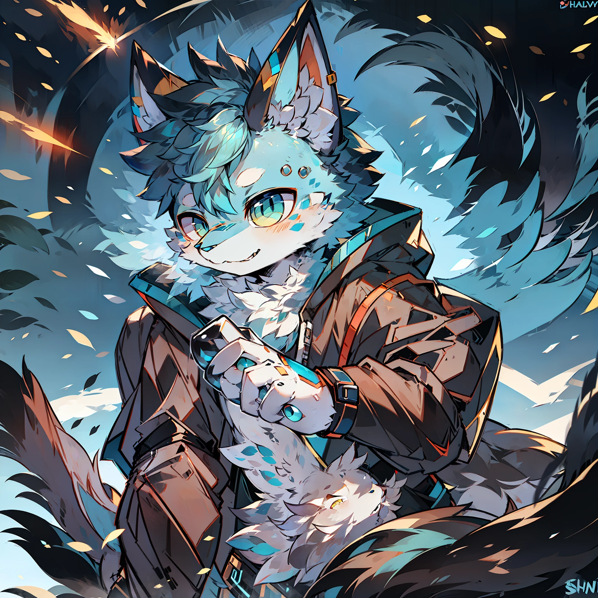 Furry blue cat，half-mechanical，Mechanical right eye，Mechanical left arm，Cyberwind，shoun