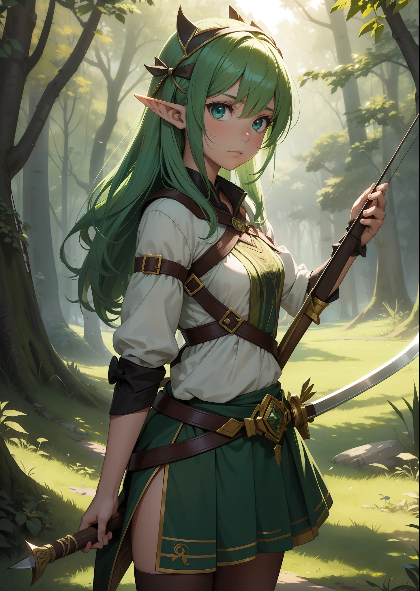 A young girl,femele,the elf,archer,holding a bow and arrow,short detailed hair,Green hair,face expressionless,delicated face,Elf ears,Zhang bow archery,off-world,Sword and magic,Western magic,In the daytime,rays of sunshine,high qulity,exteriors,ln the forest,frontage