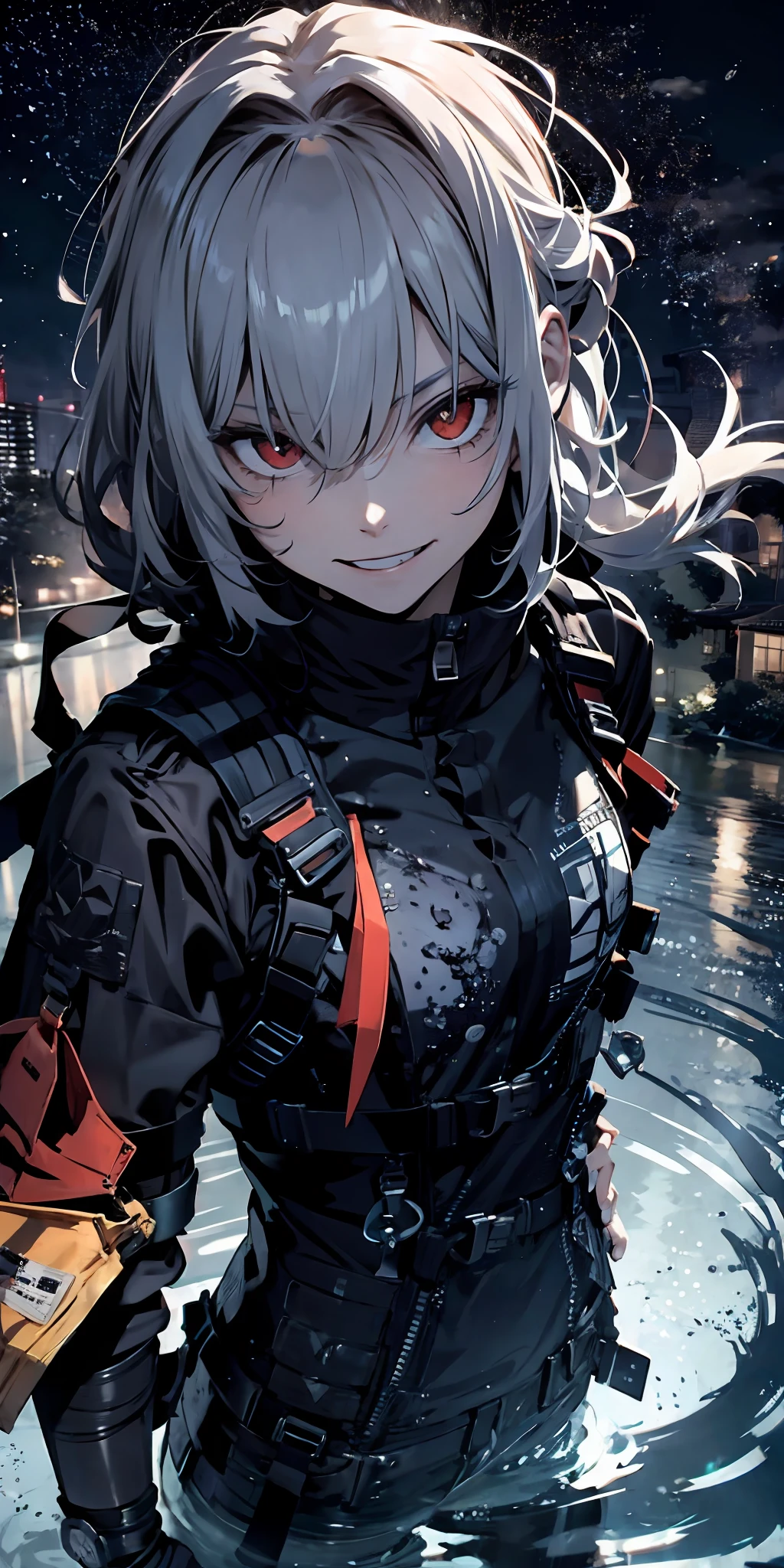 Absurd resolution、hight resolution、(​masterpiece:1.4)、ultra-detailliert、From  above、Adonis、Boy Universe、​masterpiece, accel_nffsw, (mad face:1.2), (Crazy smile:1.3), crutch, Silvery hair,red eyes glowing, Lunette de soleil,up close shot, Swirling wind, Lightning around the character, Complex background of the night, ighly detailed, (murky:1.3), murky, The dim, nffsw, vignettes, Unclean
