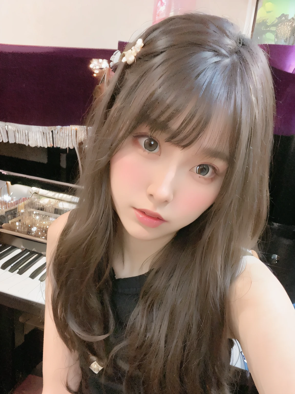 A young and beautiful girl in her 20s，goddes，Long hair micro-curls，brown  hair，Hair is soft and frizzy，No decoration on the head，Delicate facial features，largeeyes，Single Eyelids，Exquisite makeup，exquisite collarbone，high-definition picture quality，Clean background，（Black pupils）