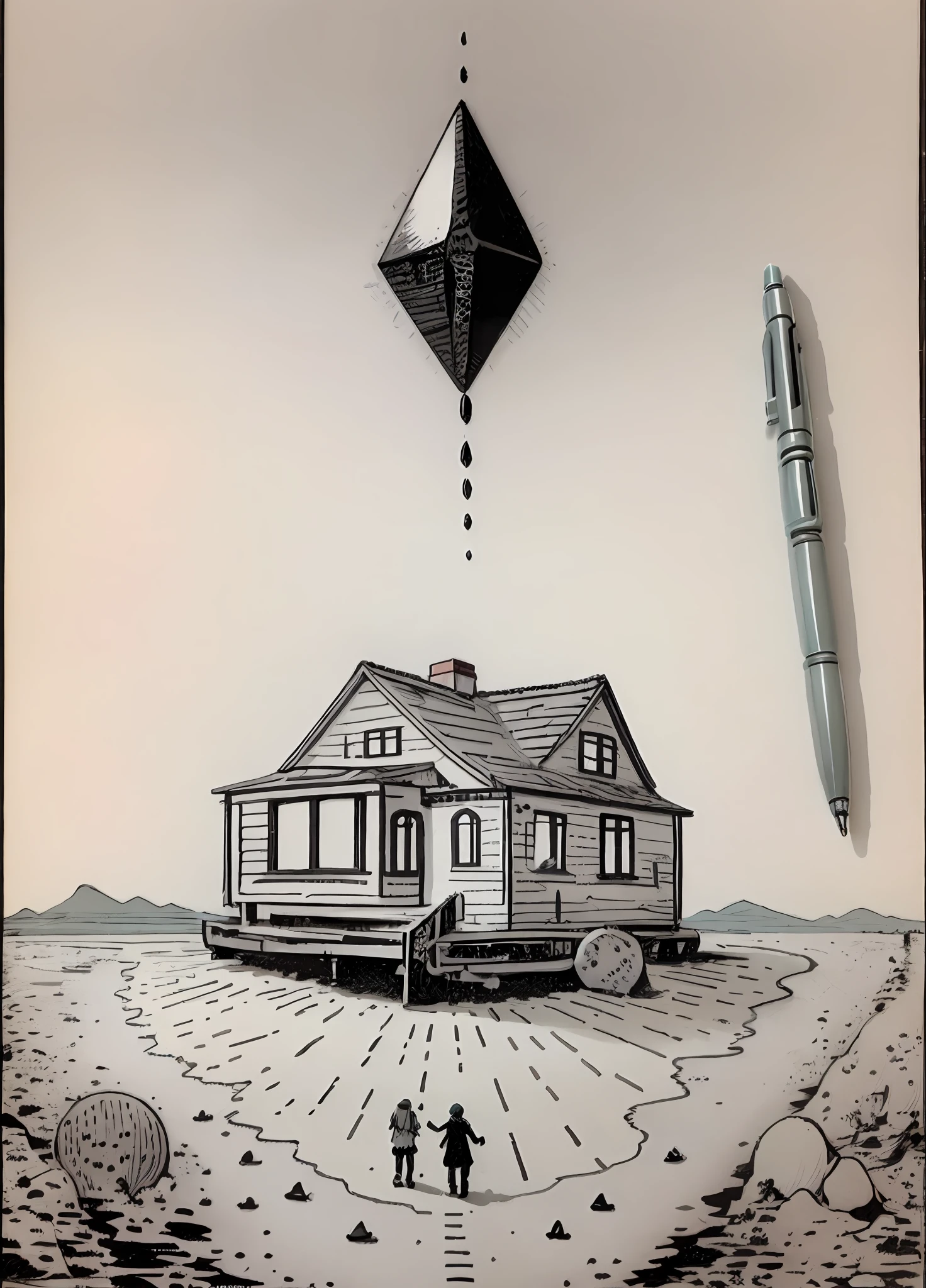 Draw a boat on the beach，The background is a house, surrealism painting, sketch of a lucid dream, pen and ink illustration, pen and ink illustration, Black and white illustration, detailed ink drawing, monochrome drawing, Hyper-realistic illustration, author：Maximilian Jimsky, pen and ink illustration, pencil and ink drawing, Ink illustration，high-definition picture quality，16k，realisticlying