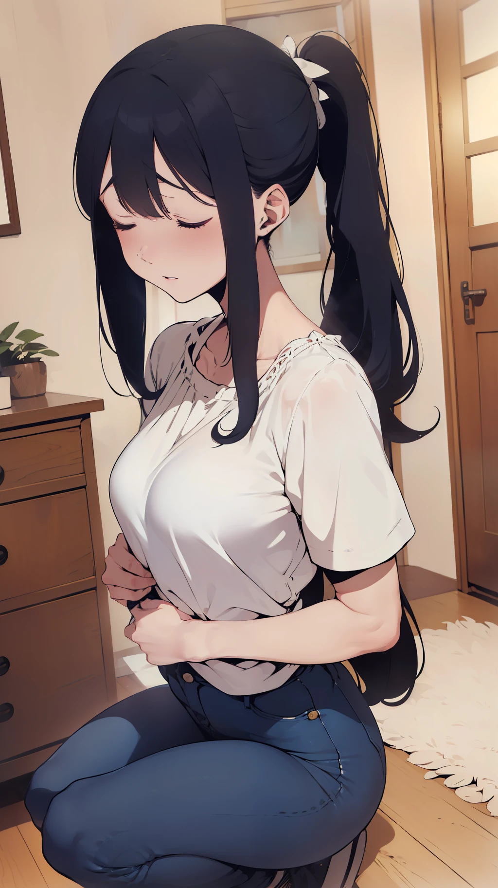 (((one woman,long hair,ponytail,bangs,slender face,closed eyes,small breast,white blouse,navy jeans,surprised,flushed cheek))),masterpiece,extremely high quality,extremely fine and beautiful,hyper detail,dynamic resolution,sharp focus,anime style,squatting,from below,indoor,bedroom