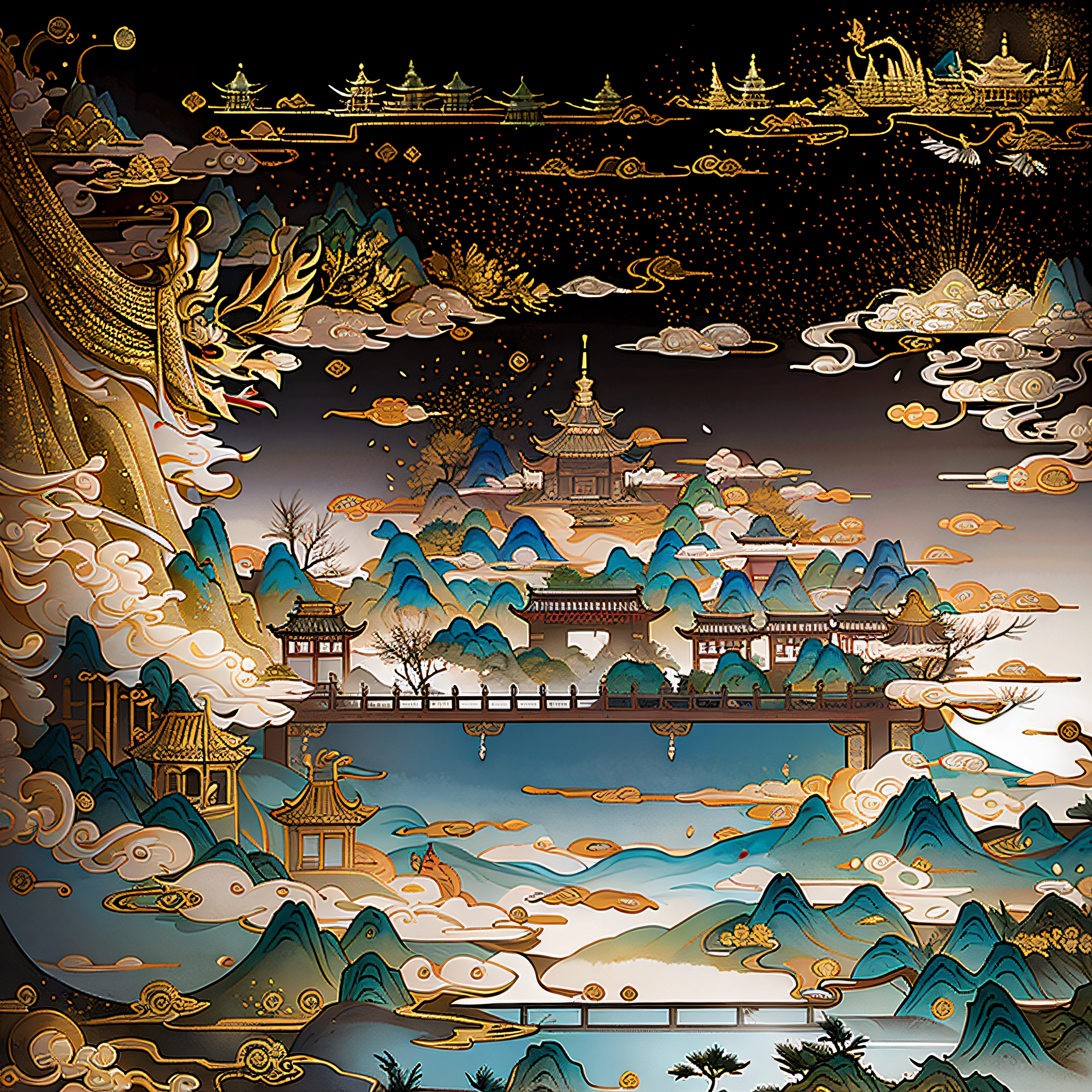 An ancient Chinese painting, ancient Chinese background, mountains, rivers, auspicious clouds, pavilions, sunshine, masterpieces, super detail, epic composition, ultra HD, high quality, extremely detailed, official art, unified 8k wallpaper, Super detail, 32k -- v 6