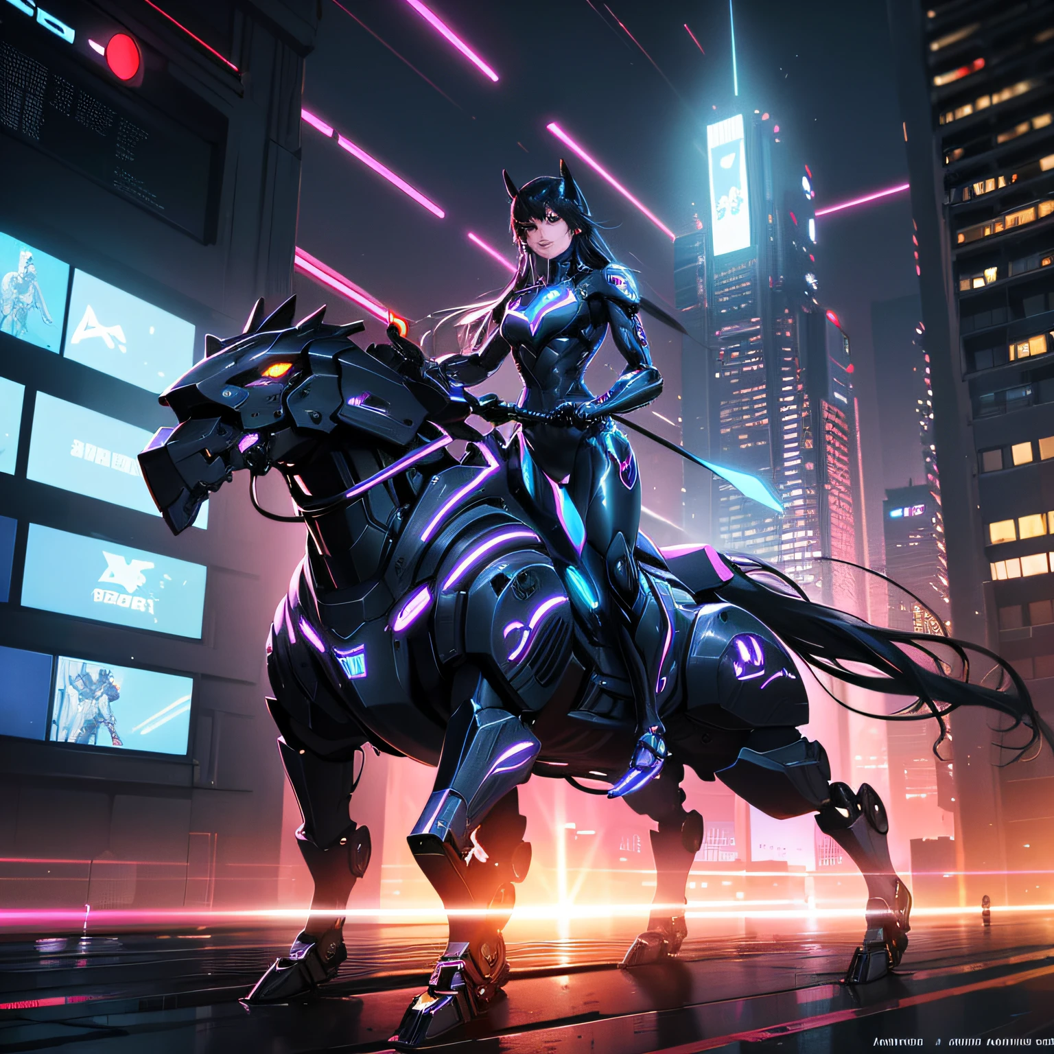 A futuristic man riding a sleek, robotic horse through a neon-lit metropolis at dusk. The horse's body is adorned with advanced mechanical enhancements, seamlessly blending with its organic features. The rider, wearing a high-tech exosuit, exudes confidence as he navigates the bustling city streets.  Futuristic, dynamic, vibrant, sleek, high-tech, neon-lit, dusk, confident, seamless integration, robotic enhancements, metropolis, bustling, advanced technology. Syd Mead, Craig Mullins, Maciej Kuciara, ArtStation trending, cyberpunk aesthetics. --auto