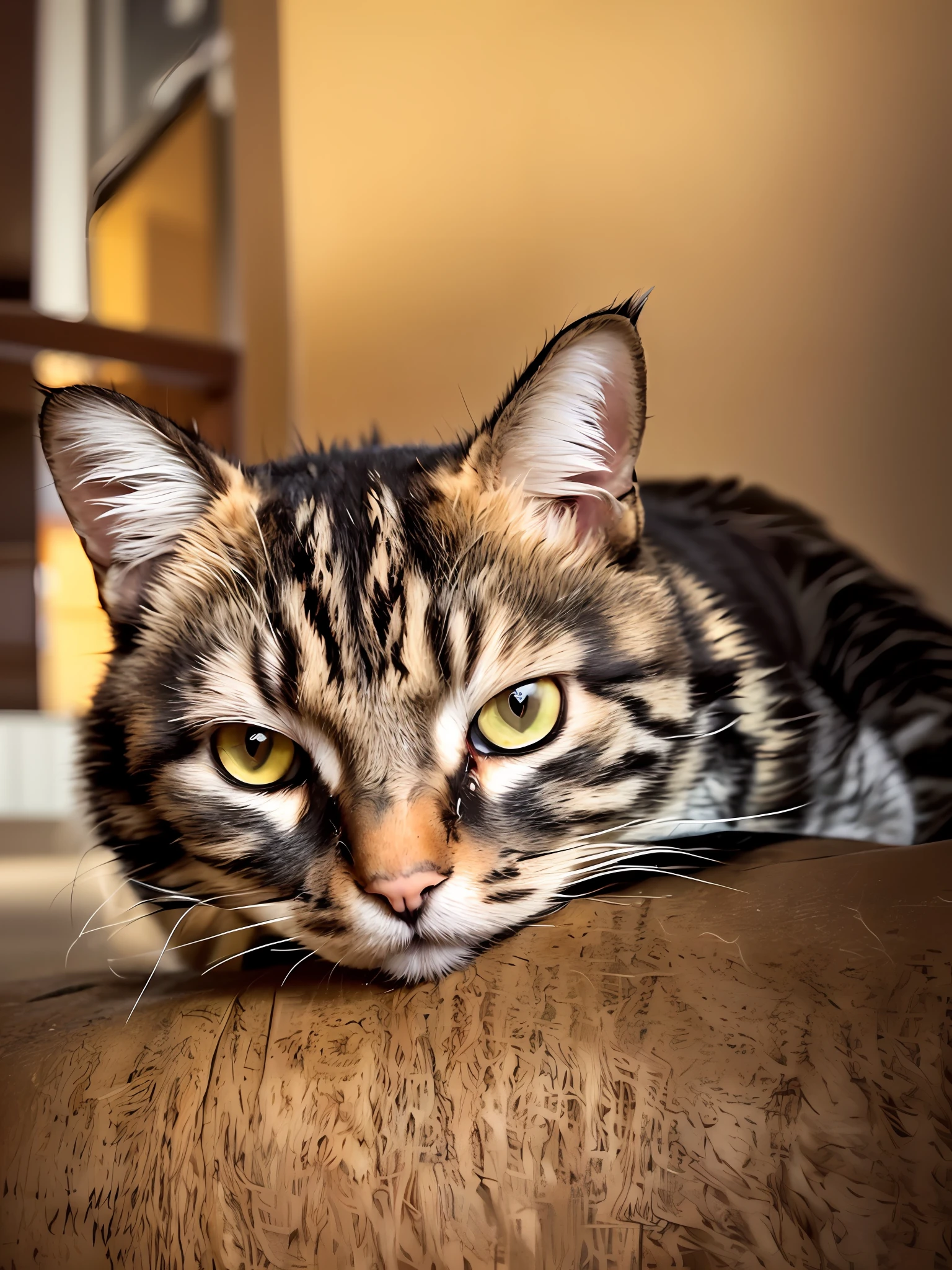 There was a cat lying on a yellow pillow,Glaring at the camera,eyes glowing,Large yellow eyes with emerald yellow eyes,Sony Alpha 9 shooting,April photo,Furry cute cats need your help,staring right into camera,Look at the camera intently。