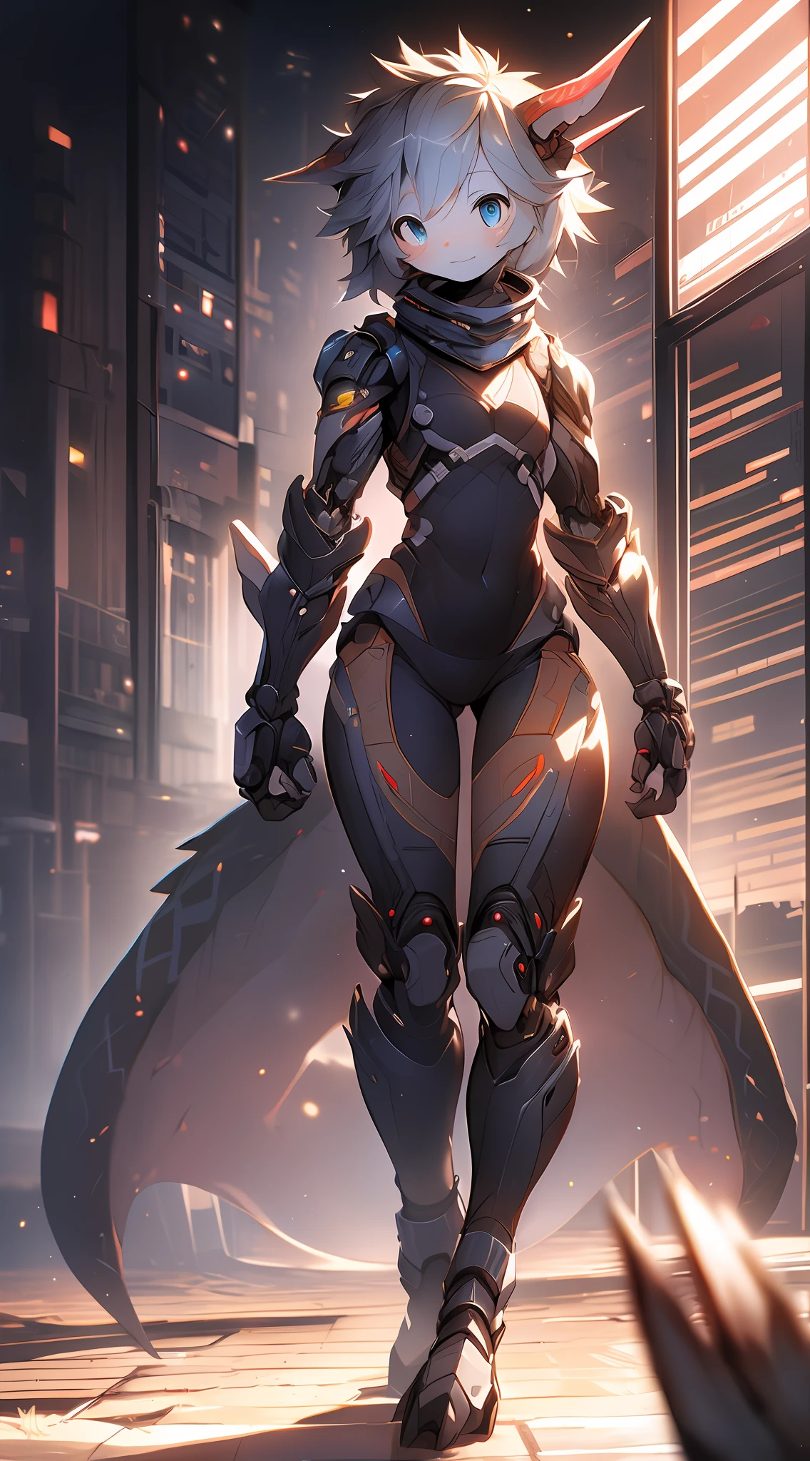 Dragons in mecha，bit girl，Dark gray hair，eBlue eyes，adolable，Mechanical nanoskin，black reotard，black long socks，full bodyesbian，nakeness，Shota，Black Themes，anthropomorphic dragon，emaciated，emaciated，is shy，8K quality，Extreme light and shadow