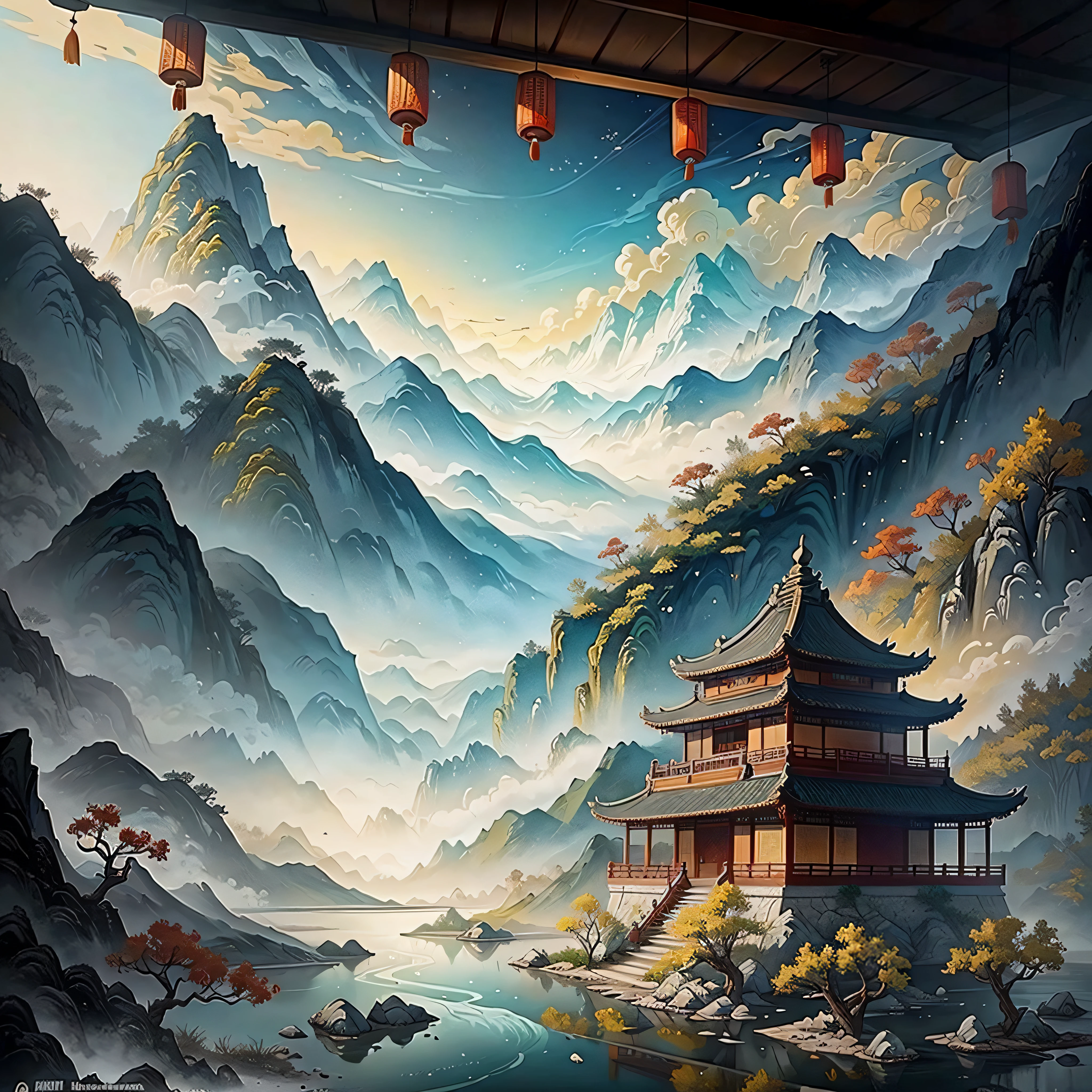ancient chinese painting, ancient chinese background, mountains, river, auspicious clouds, pavilions, sunlight, masterpiece, super detail, epic composition, ultra hd, high quality, extremely detailed, official art, unified 8k wallpaper, super detail