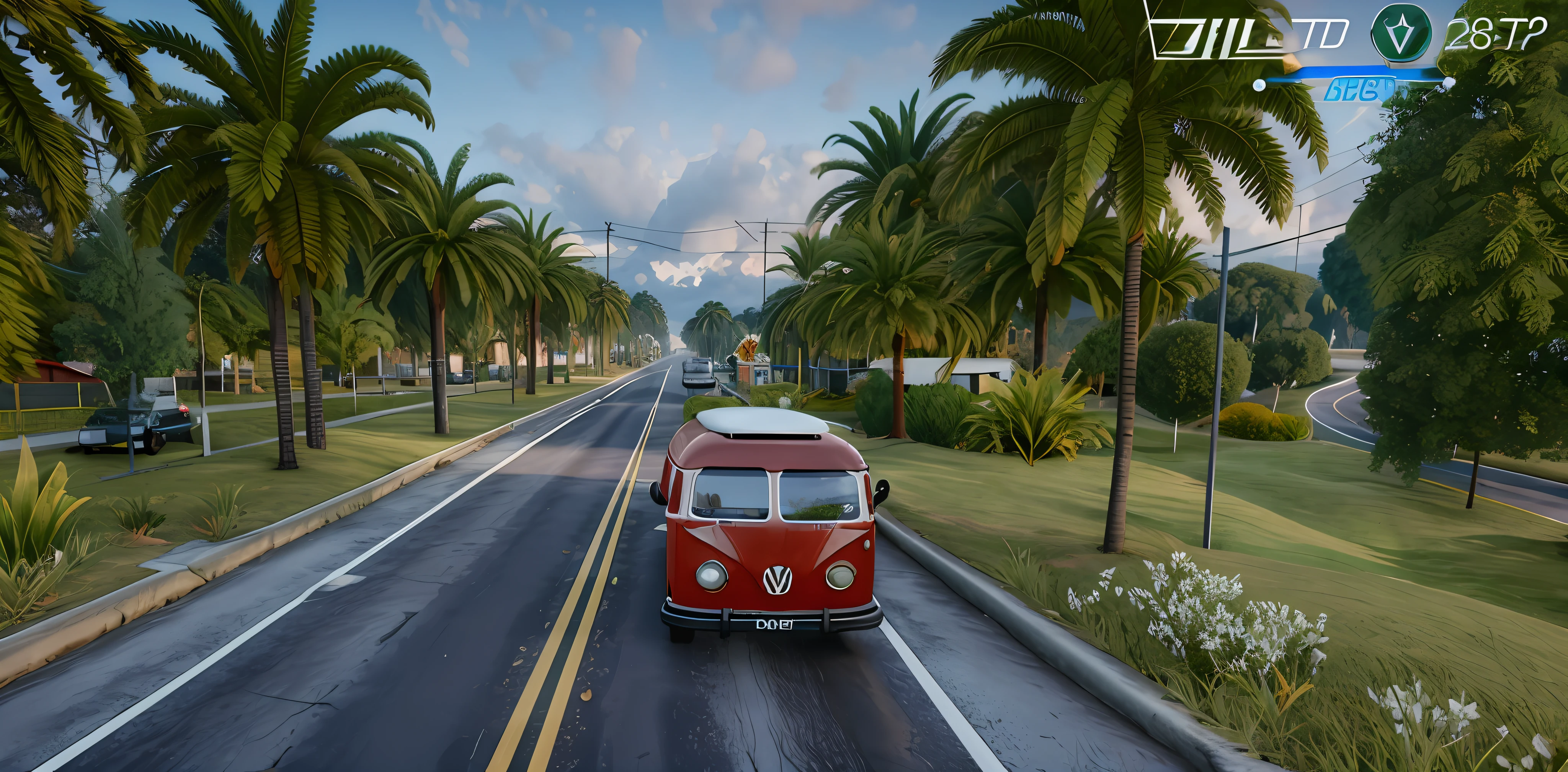 Imagem de uma van vermelha dirigindo por uma estrada com palmeiras, vw microbus driving, vw bus on a street, Altamente detalhado Hyper Real Retro, Carrinha, microbus, bela captura de tela, super altamente detalhado, ambiente altamente detalhado, renderizado no lumion pro, super detalhe, captura de tela fotorrealista, semi-realistic rendering, Arruamento fotorrealista