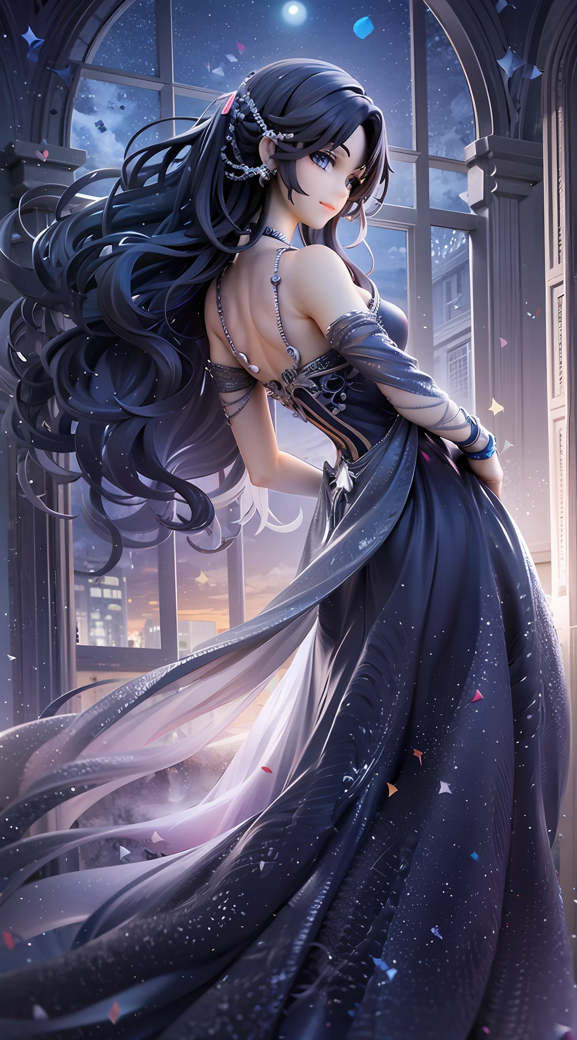 1girl, beautiful eye, regal smile, black onyx, moonlight silver, princess, ball attendee, intelligent and mysterious face, midnight black hair, flowing wavy hair, waist-length, starry night blue eyes, gracefully dancing, grand ballroom backdrop, moonlight shining in from a night sky window, elegant black ball gown adorned with onyx and silver detailing that seems to absorb and reflect the moonlight, intricate silver jewelry adding a soft glow against her dark attire, her midnight black hair shimmering under the moonlight with small silver stars entwined, starry night blue eyes filled with an enigmatic allure, poised mid-dance with her gown flowing around her, moonlight casting dramatic shadows and illuminating the majestic ballroom