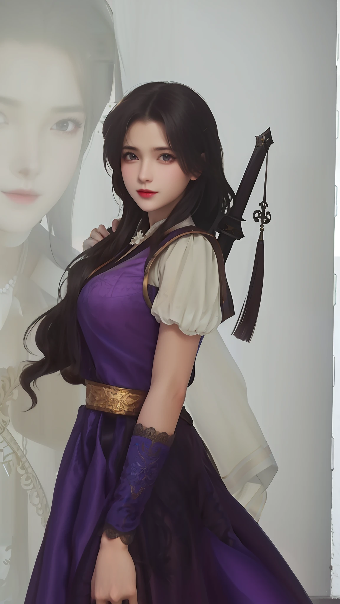 carrying swords on his back，Royal Sister，big breasts beautiful，brunette color hair，offcial art，Unity 8K wallpaper，ultra - detailed，Aesthetics，tmasterpiece，best qualtiy，realisticlying，illuminating，Frankness，photore，A high resolution，4K，8K