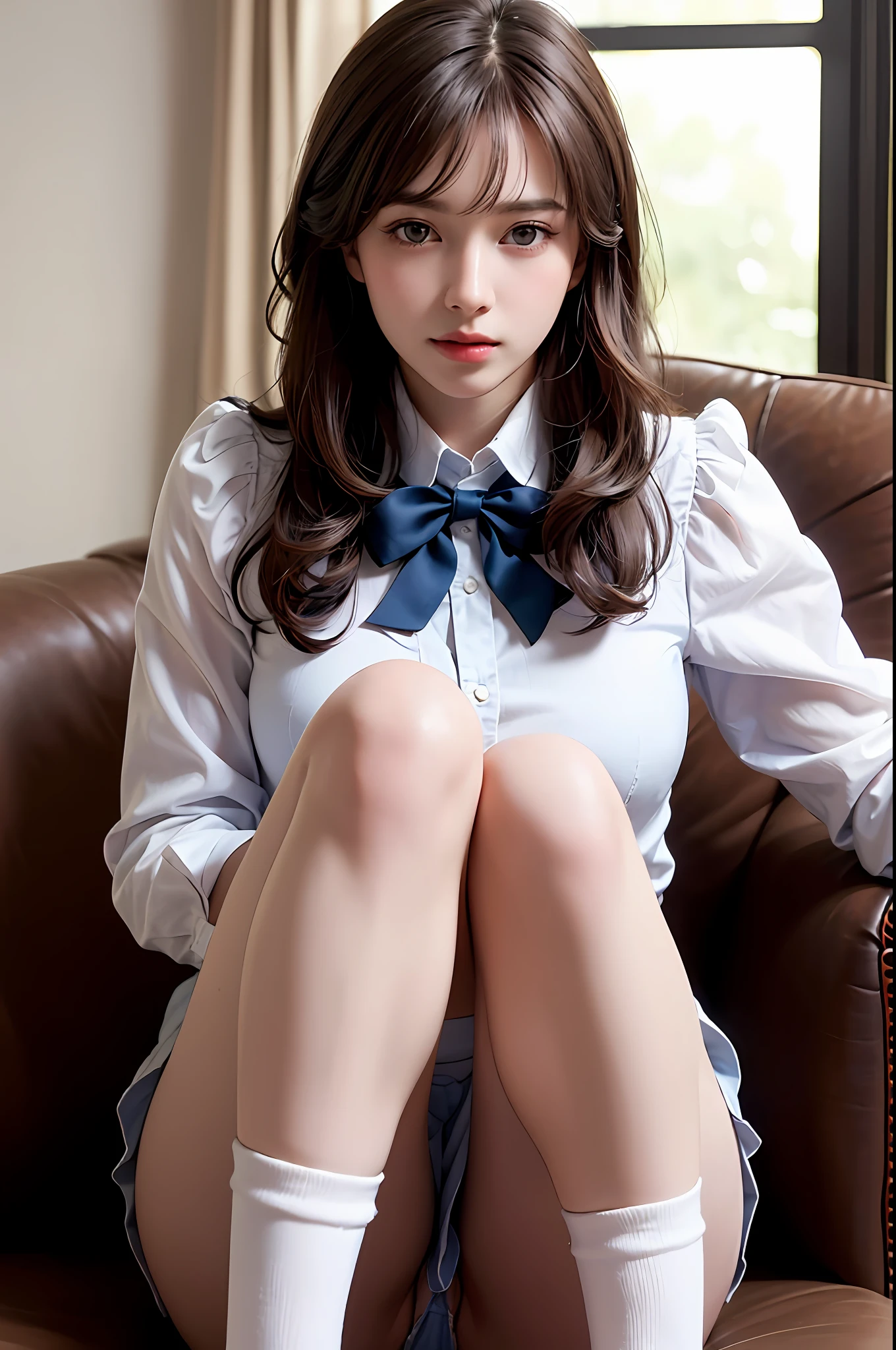 High Quality, Masterpiece, Highly Detailed, High Resolution, 4K, Ultra High Definition, Detailed Shadows, Ultra Realistic, Dramatic Lighting, 1girl, Solo, Detailed Face, Realistic Eyes, Realistic Skin, Dynamic Hair, Dynamic Pose, Dynamic Angle, White Flower Dress, White Background, ulzzang-6500-v1.1, (raw Photo:1.2), ( photorealistic:1.4), beautiful detailed girl, very detailed eyes and face, beautiful detailed eyes, ridiculous, incredibly ridiculous, huge file size, super detailed, high resolution, very detailed, best quality,
(Bright indoor), (soft light), (low contrast), (shallow depth of field), (portrait of a beautiful woman illuminated by gentle light), (extremely delicate and elegant depiction), (short length bangs), (hair color is a dark chestnut shade with a slight brown tone), (hair with a subtle and gentle wave), (small braids intricately woven on the side of long hair), (adorned with a thin ribbon), ( white blouse with small frills), (bow tie), (blue long skirt), (white short ankle socks), illustration, very detailed, CG, unified, 8k wallpaper, amazing, fine detail, best quality, Very detailed CG unified 8k wallpaper, face light, movie lighting, 1girl, , ((no panties)), ((dynamic pose))), (camel toe), (half), (bent knees and legs sitting))
