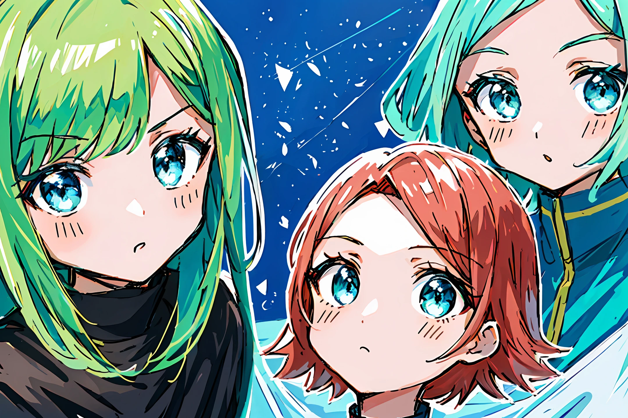 4 pessoas,2 homens e 2 mulheres,desenho simples,sem degrade,cores solidas,estilo chibi,anime,fofo,fundo verde solido.