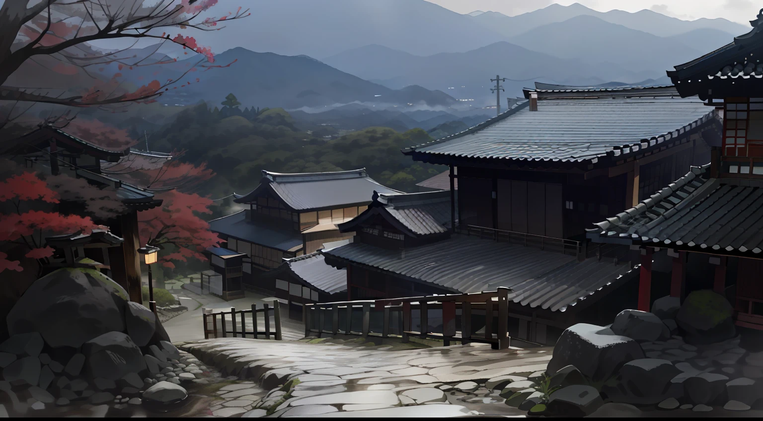 There is a stone path that goes up to a building with mountains in the background, Cidade japonesa, Vila Japonesa, Cidade rural japonesa, dojo em uma montanha, arquitetura japonesa antiga, Inspirado em Quioto, Onsen high-end, japanese temple, Vila de Japense no fundo, japan mountains, countryside in japan, Cidade japonesa, Rua Japonesa, Telhado de telha preta japonesa queimada