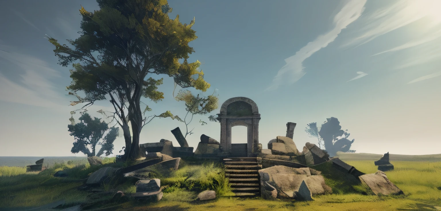 There is an island in the middle of the water,There is a bell tower, Ancient mysterious ruins, Temple ruins, ruined temple, mysterious temple setting, scenic dystopian environment, ruins landscape, exterior of scifi temple, post apocalyptic ancient ruins, 废墟, 废墟, game environment, Huge giant old ruins, enb, giant grave structures, War-ravaging the environment, background is the ruins