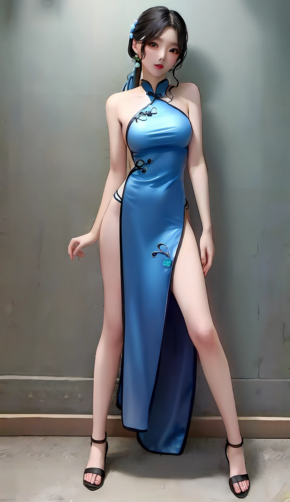 Full body photo of blue cheongsam woman