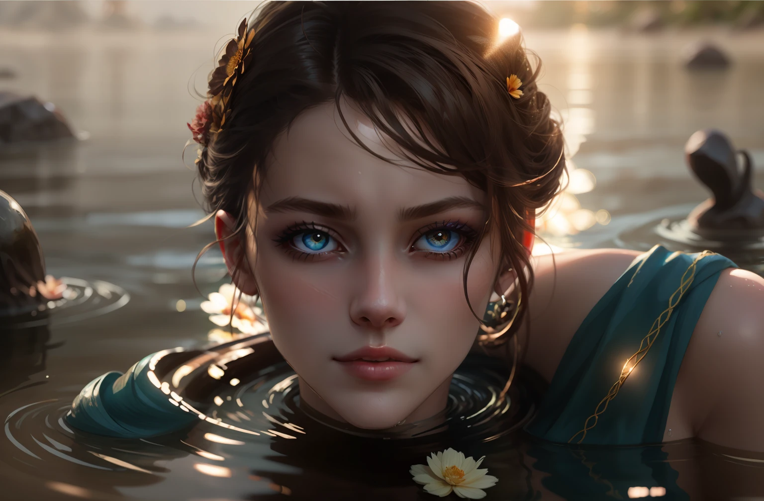 There is a woman with a flower in her hair in the water, fantasy closeup with water magic, Artgerm hyperrealistic amazing photorealism, Unreal Engine 5, Sennuas Sacrifice skin texture.