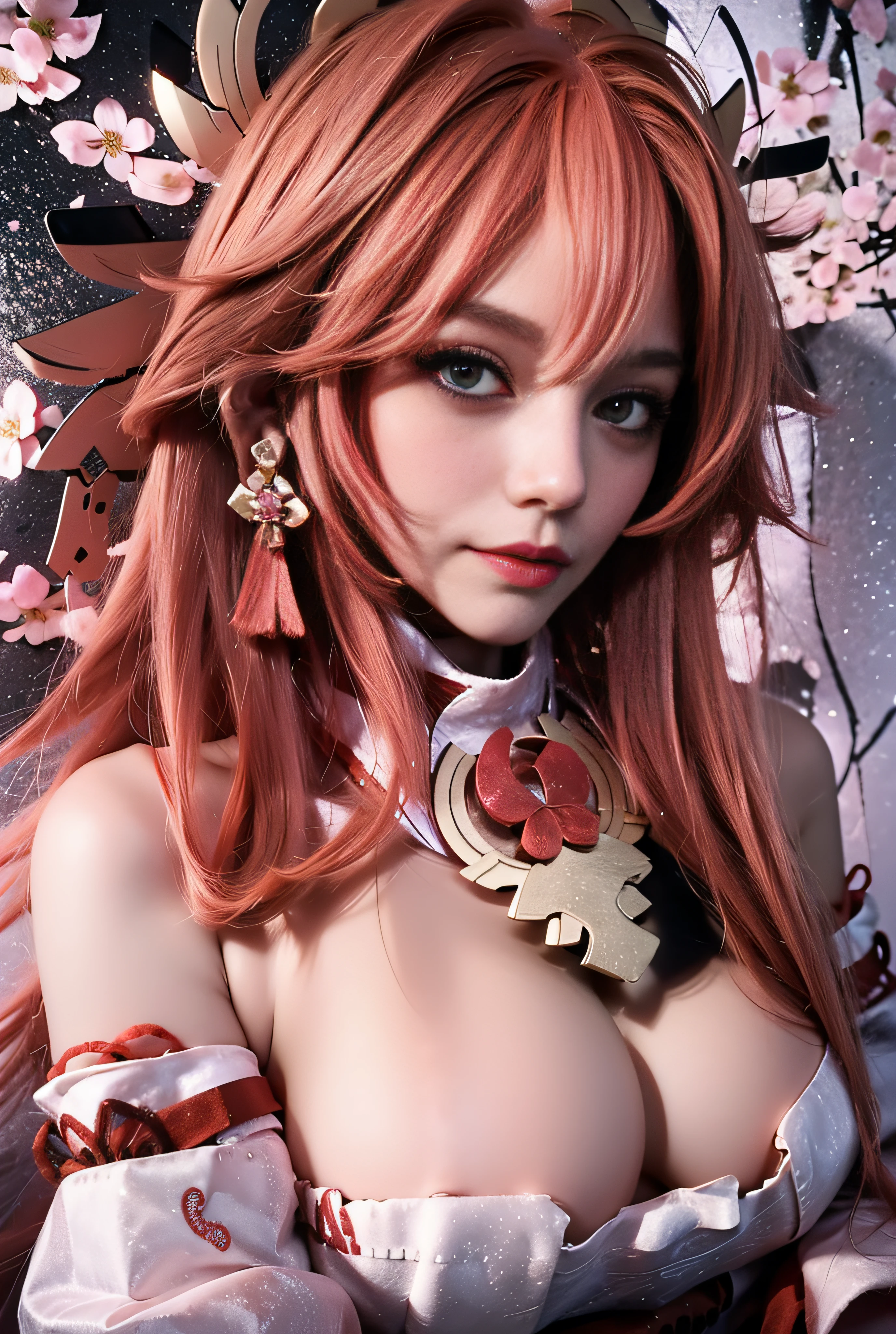 (masutepiece, excellent, 1girl in, Solo, intricate-detail, color difference), Realism, ((Medium Breath)), off shoulders, Big breasts, Sexy, Yae Miko, Long pink hair, Red headdress, red highlights, Hair above one eye, Green eyes, earrings, Sharp eyes, Perfectly symmetrical figure, Choker, Neon Shirt, Open jacket, Turtleneck sweater, against a wall, Brick wall, Graffiti, Dim lighting, backstreet, gaze at the audience, ((mean, Seductive, Charming)), ((Cherry blossom background))),((Japanese Temple Background)))), (((glow-in-the-dark background))), (Dynamic Pose), tulle, Bare shoulders, blooming flower field, Radiant skin, Faint smile, Sexy, Bust, , Seen from above、huge-breasted