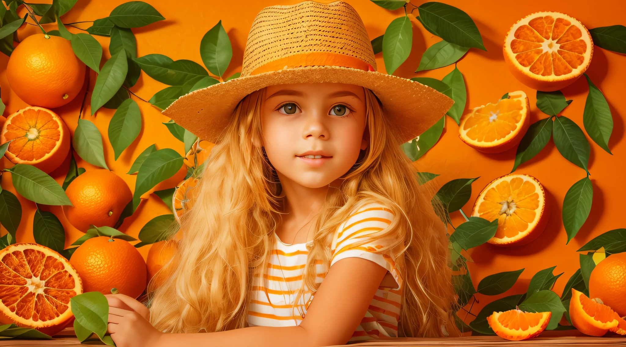 10 year old Russian child girl, close up, PORTRAIT, with long blonde hair, in a cowboy hat, many oranges with leaves on them on a table, oranges, extremely coherent orange, orange skin, orange and orange slices, orange colors, orange color, orange backgorund orange, orange, orange slices, vibrant orange, orange background, an orange, orange colors, very orange, orange theme, orange minerals, in front of an orange background, orange plants