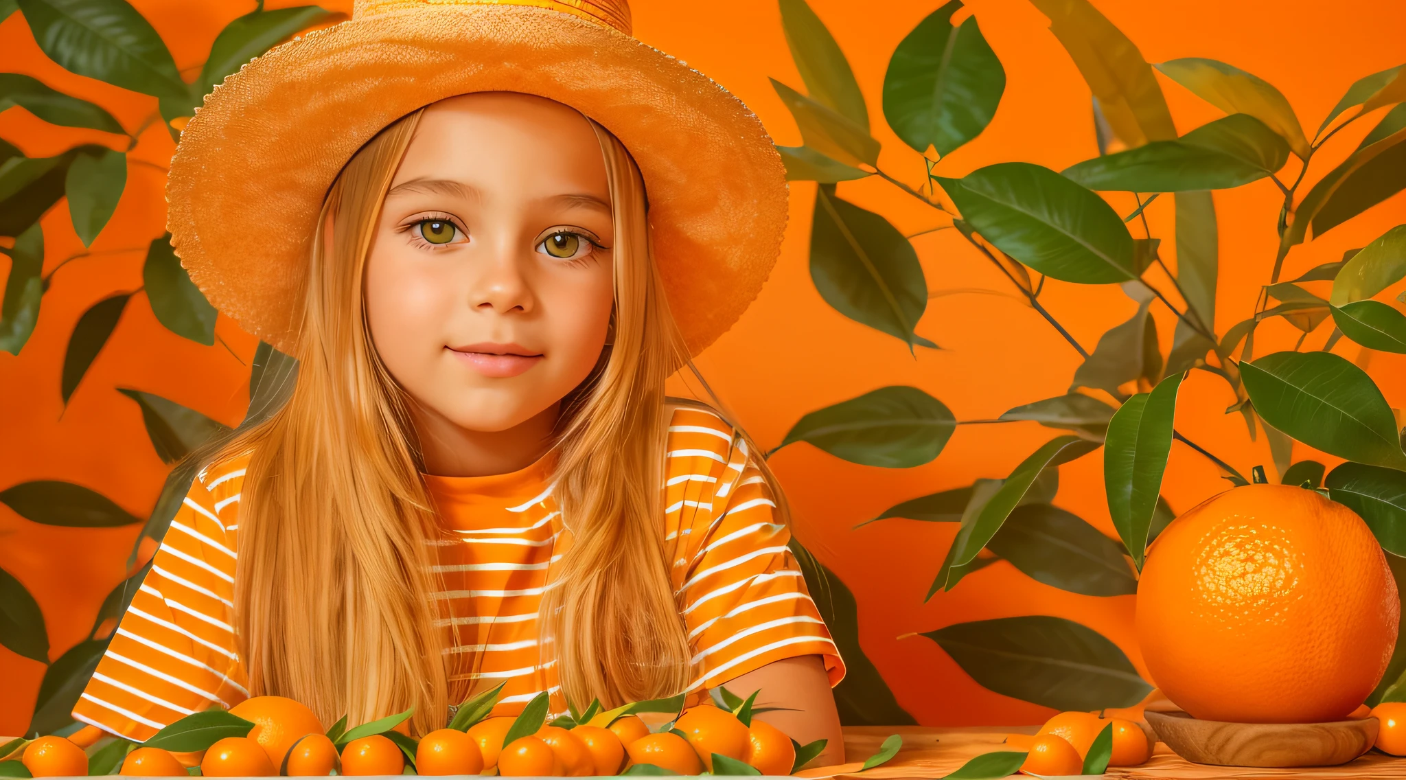 10 year old Russian child girl, close up, PORTRAIT, with long blonde hair, in a cowboy hat, many oranges with leaves on them on a table, oranges, extremely coherent orange, orange skin, orange and orange slices, orange colors, orange color, orange backgorund orange, orange, orange slices, vibrant orange, orange background, an orange, orange colors, very orange, orange theme, orange minerals, in front of an orange background, orange plants