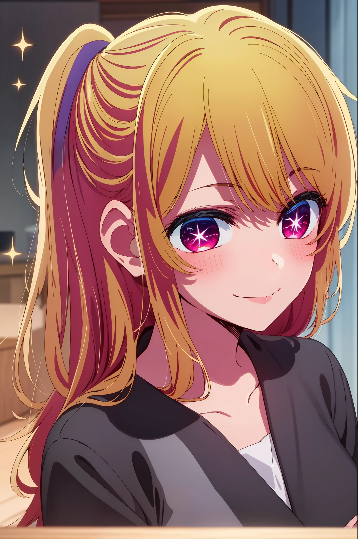 1girl in, 独奏, Hoshino Ruby, symbol-shaped pupils, Left star-shaped pupil, sparkly eyes, (Left star), red eyes, blonde  hair, side poneyTail, A smile, Hi-Res, top-quality, ​masterpiece、Pink