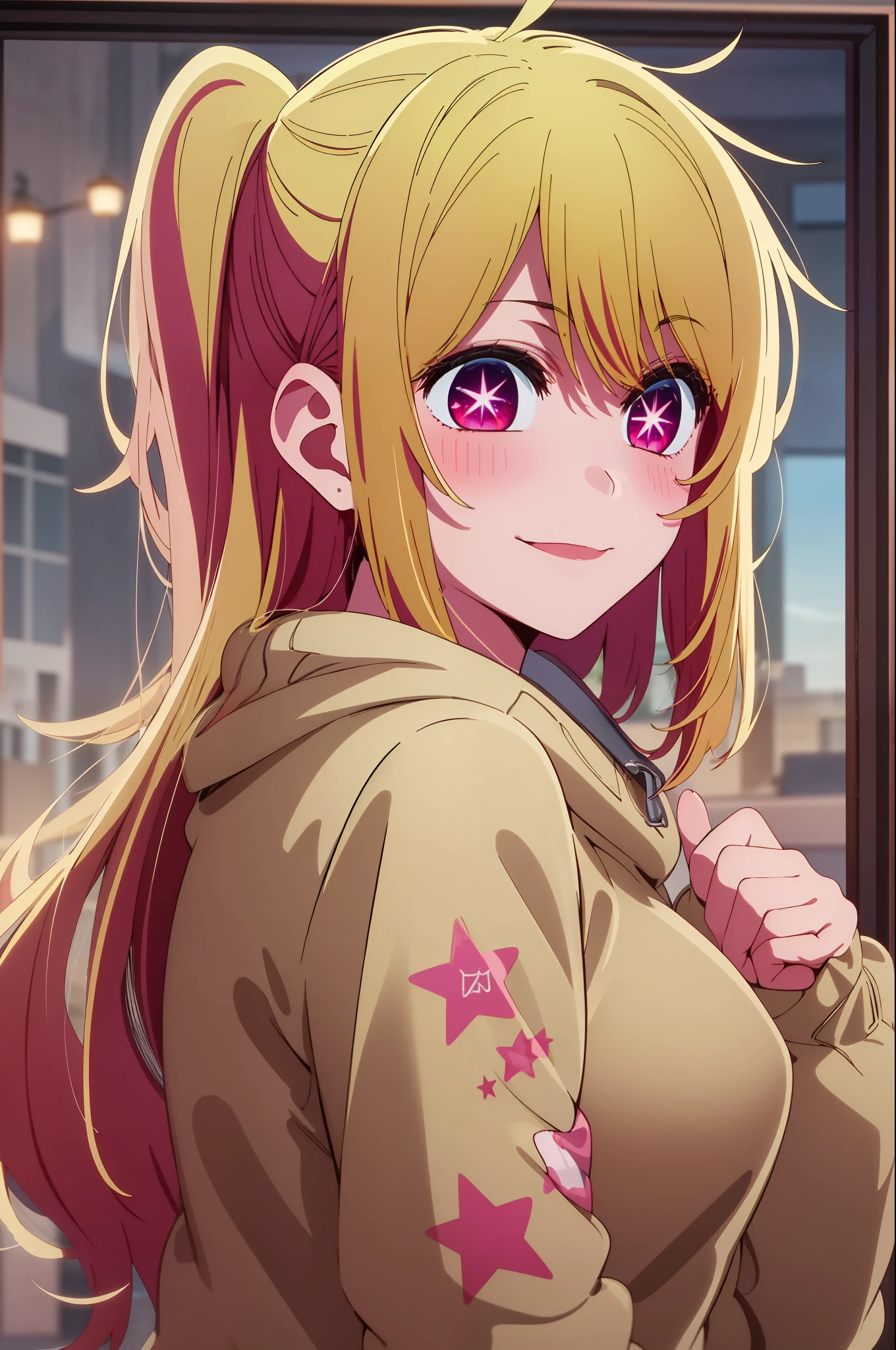 1girl in, 独奏, Hoshino Ruby, symbol-shaped pupils, Left star-shaped pupil, sparkly eyes, (Left star), red eyes, blonde hair, side poneyTail, A smile, Hi-Res, top-quality, masterpiece、Pink