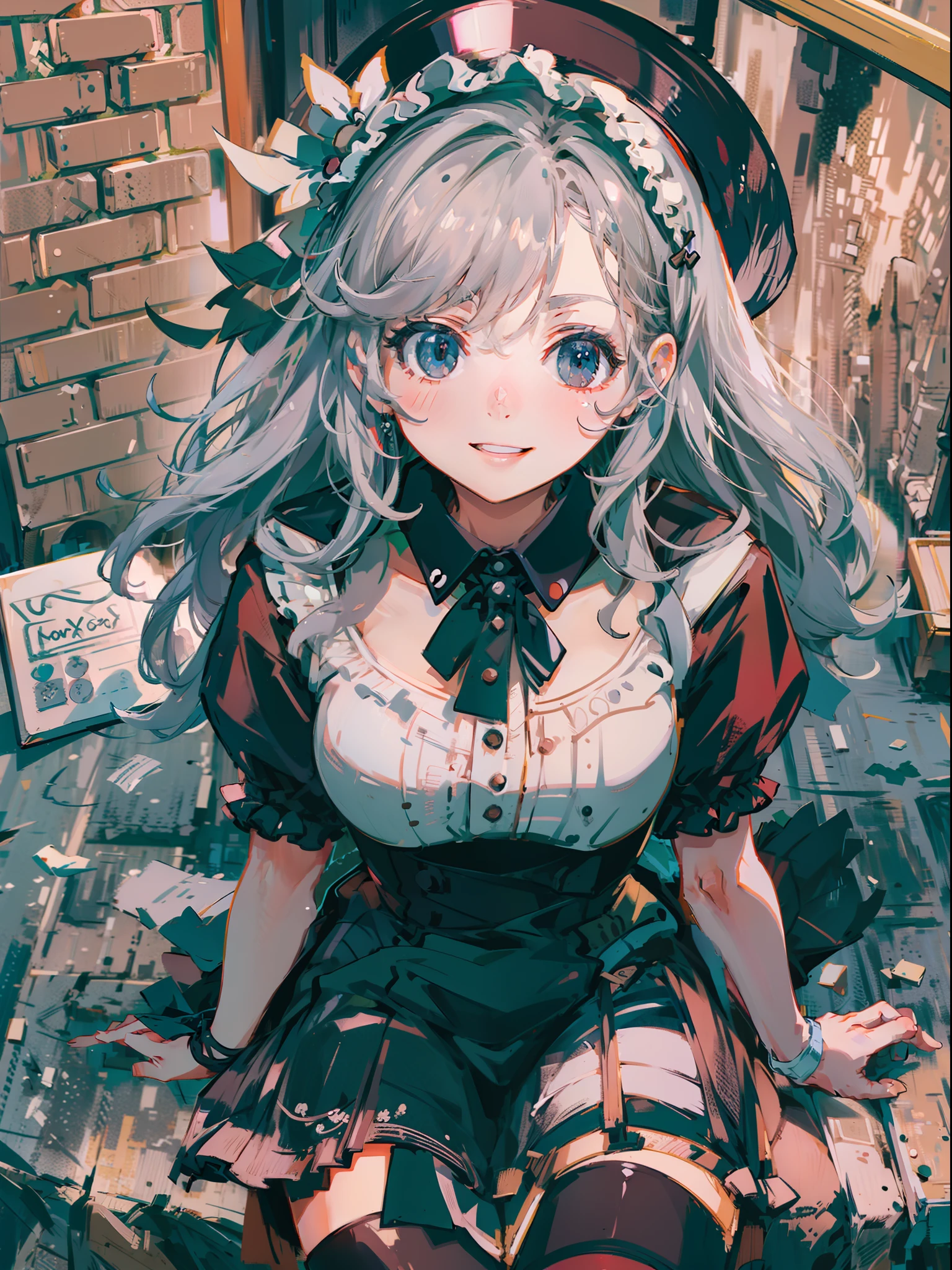 Very beautiful woman sitting on a clock tower made of high bricks。Smiling。Composition looking down from above。。Silver wavy hair。Dress inspired by work clothes with beautiful ruffles and decorations。overknee socks。Brick cityscape standing under the tower。vast blue sky。Dynamic composition with depth。Extremely high quality、high-level image quality、Extremely delicate drawing。Rarely seen workmanship