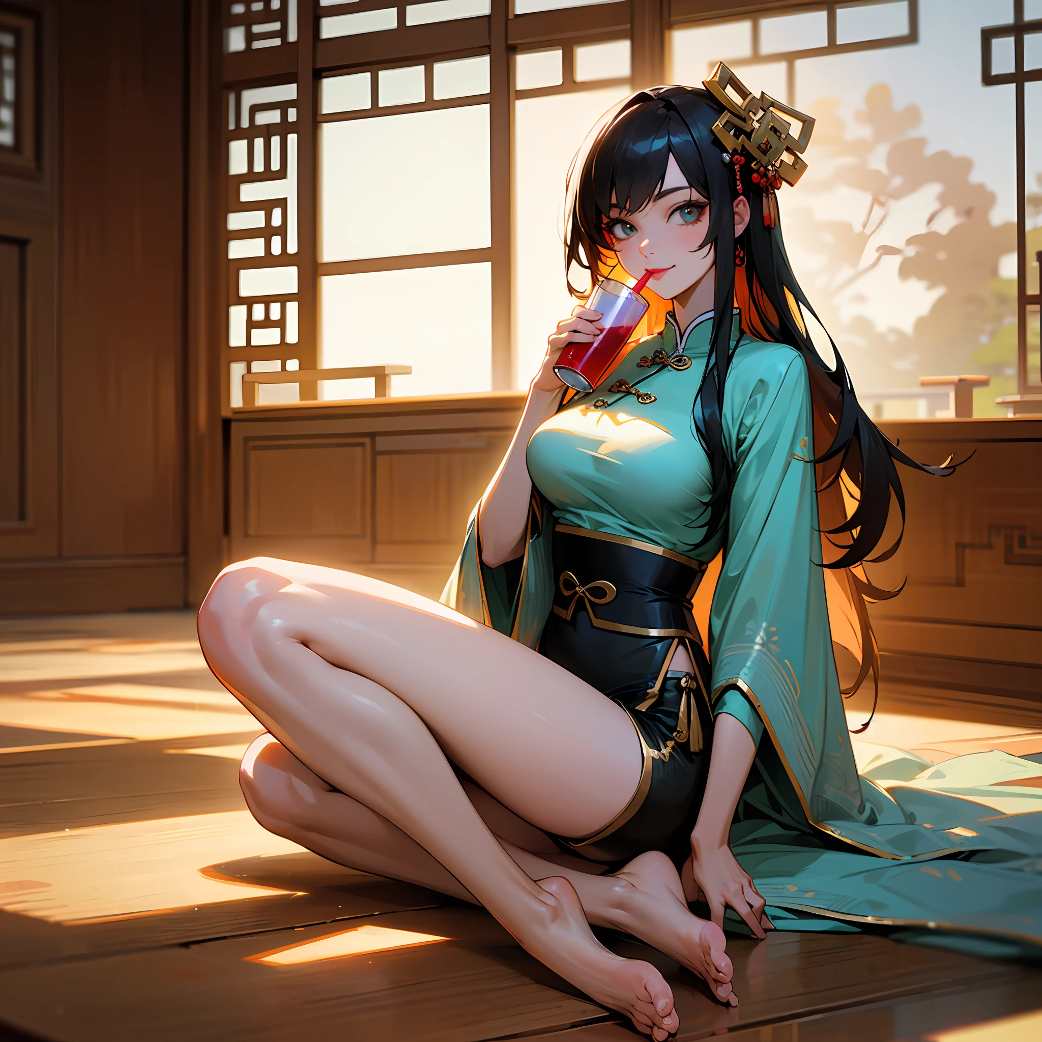 masterpiece, best quality, highres, ultra high res,real, photorealistic,1 girl,natural lighting,looking at viewer,indoor,full body,hair ornament,smile,drinking,chinese clothes style,shirt,shorts,thin body,oval face,long hair,details eyes,lipstick,large breasts,slim waist,slim thighs,barefoot --auto