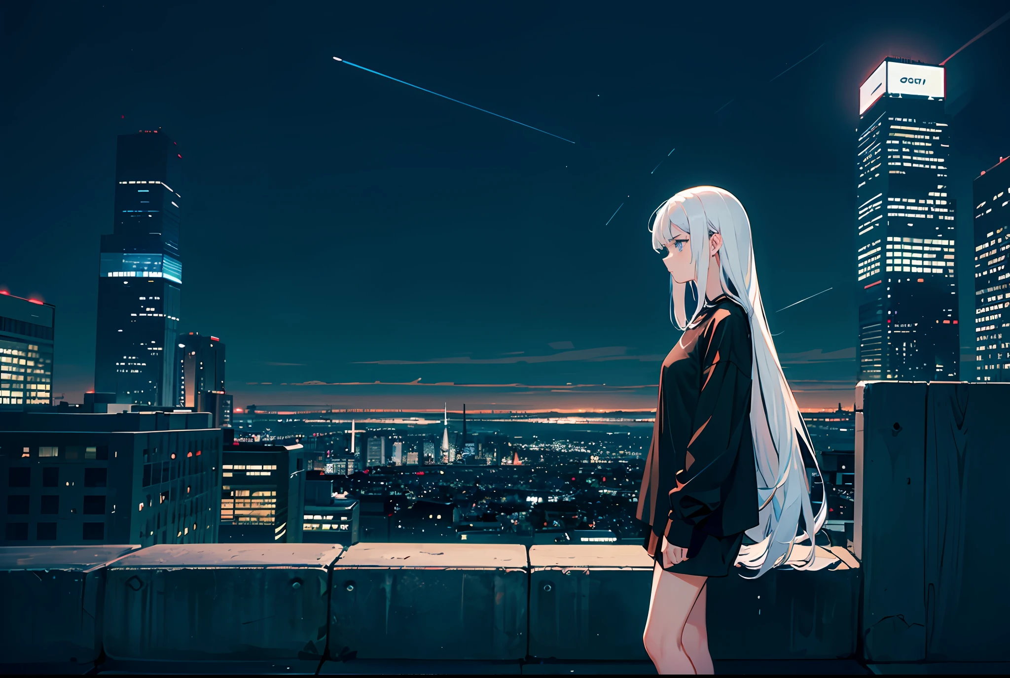 (best illumination:1.1), (long straight white hair:1.3), (blue eyes:1.3), (seen from the side:1.4), 1girl, teen girl, serious face, (black modern shirt:1.4), medium breasts, standing on a tower, looking over a modern city in background, night, blue starry sky in background