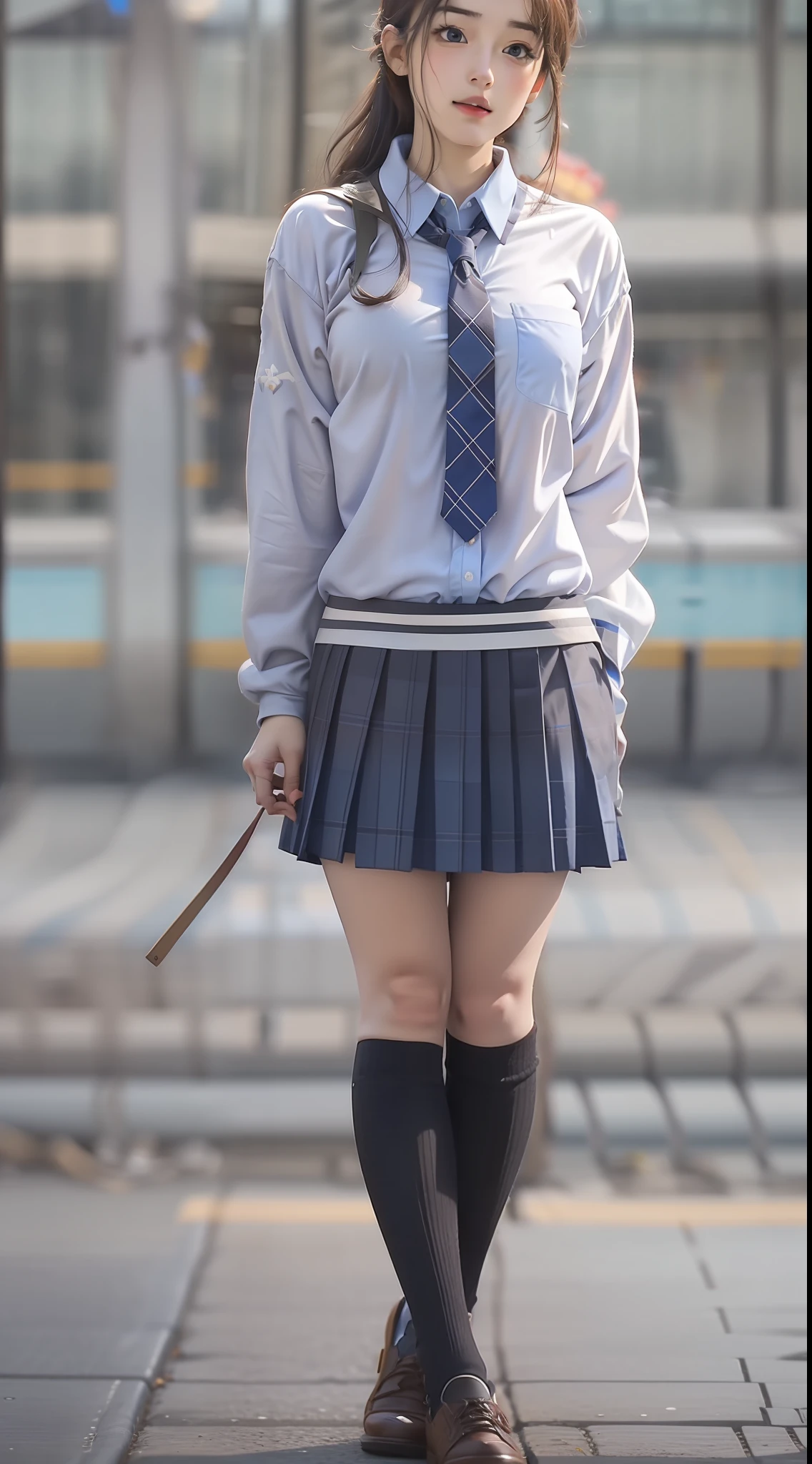 Cute JK uniform,Student uniform,Blue and white plaid and white shirt,full bodyesbian,ultra-realistic realism,realist detail,Realistic effects,Realistic effects,Stereoscopic images。