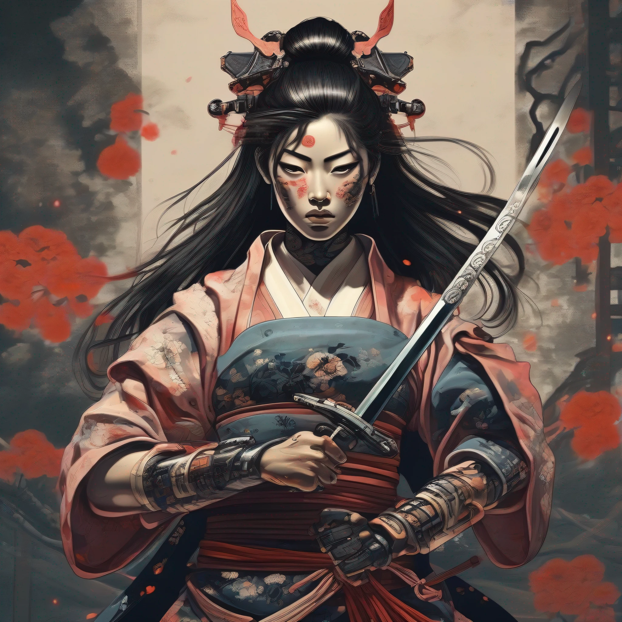 Samurai woman with cyborg arms holding a sword