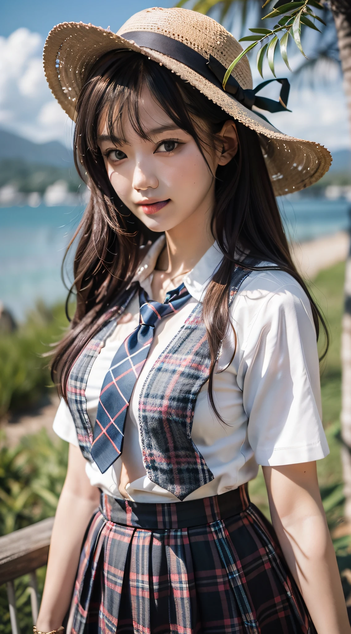 masterpiece, high quality best quality,1girl, bangs, beach, blue_sky, blush, bow, breasts, checkered, checkered_shirt, checkered_skirt, cloud, cloudy_sky, collarbone, day, envelope, giving, grass, hair_bow, heart, holding, holding_letter, horizon, incoming_gift, kazami_yuuka, leaning_forward, lens_flare, letter, light_rays, long_hair, looking_at_viewer, love_letter, mountain, mountainous_horizon, ocean, outdoors, plaid, plaid_background, plaid_bikini, plaid_bow, plaid_bowtie, plaid_bra, plaid_dress, plaid_headwear, plaid_jacket, plaid_legwear, plaid_necktie, plaid_neckwear, plaid_panties, plaid_pants, plaid_ribbon, plaid_scarf, plaid_shirt, plaid_skirt, plaid_vest, pov, shirt, skirt, sky, smile, solo, sun, sunbeam, sunlight, tree, unmoving_pattern